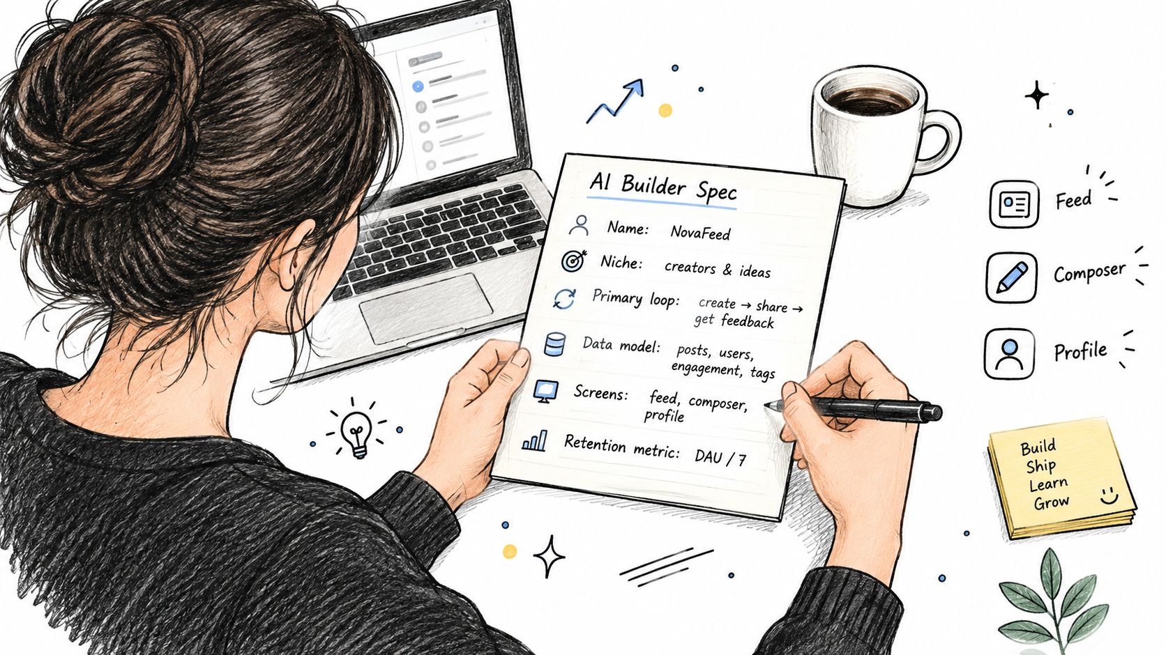 A woman sketching an AI builder specification sheet for a social media app at her desk.