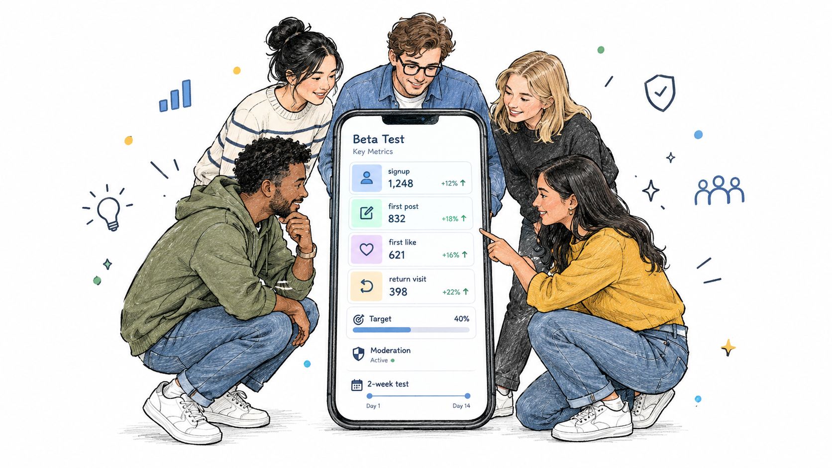 A diverse team of professionals analyzing social media beta test metrics on a large smartphone screen illustration.
