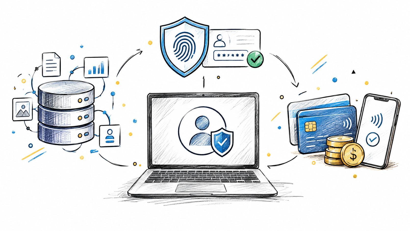 A conceptual illustration showing secure data management, user authentication, and digital payment integration on a laptop.