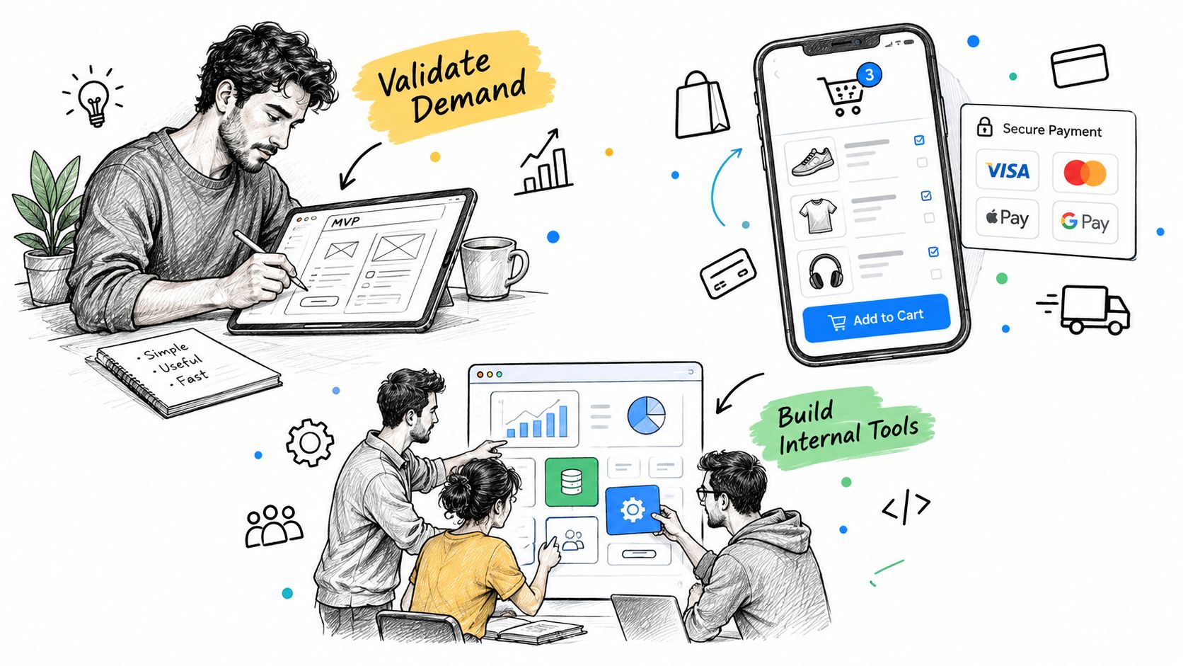 A professional illustration showing teams designing an MVP and building internal tools for business applications.