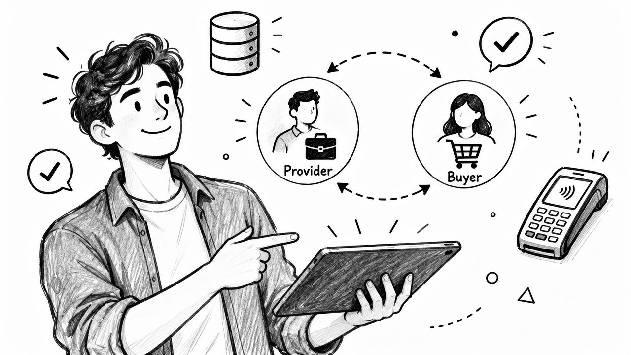 A sketched illustration showing a young man pointing at a tablet with provider and buyer icons above