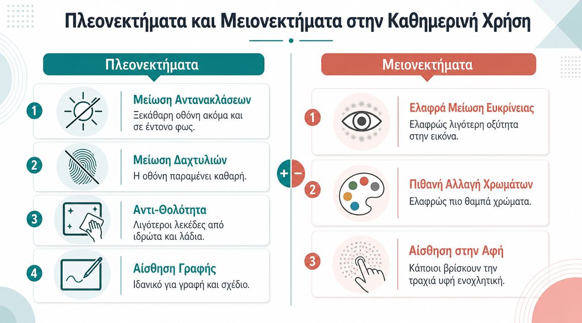 Πίνακας που παρουσιάζει τα πλεονεκτήματα και τα μειονεκτήματα της χρήσης ματ προστατευτικών οθόνης για καθημερινή λειτουργικότητα.