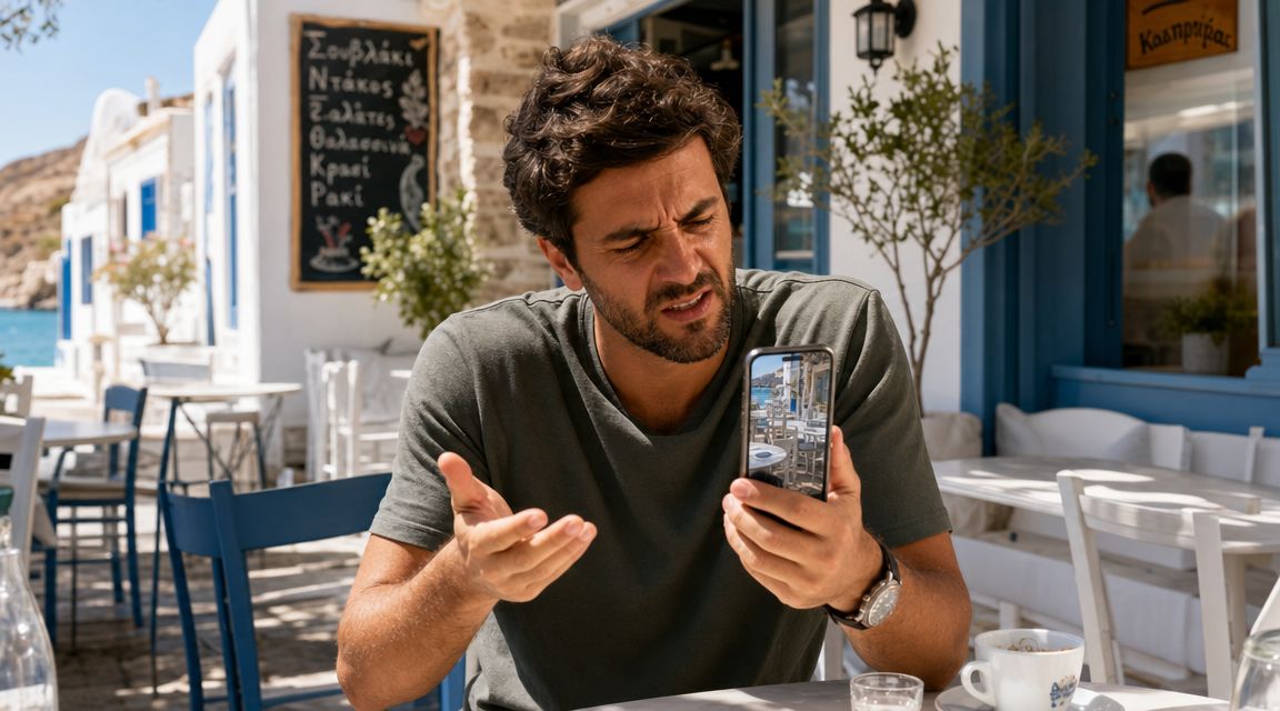 Ένας άνδρας απογοητευμένος με το smartphone του σε εξωτερικό χώρο ενός ελληνικού εστιατορίου με έντονες αντανακλάσεις στην οθόνη.