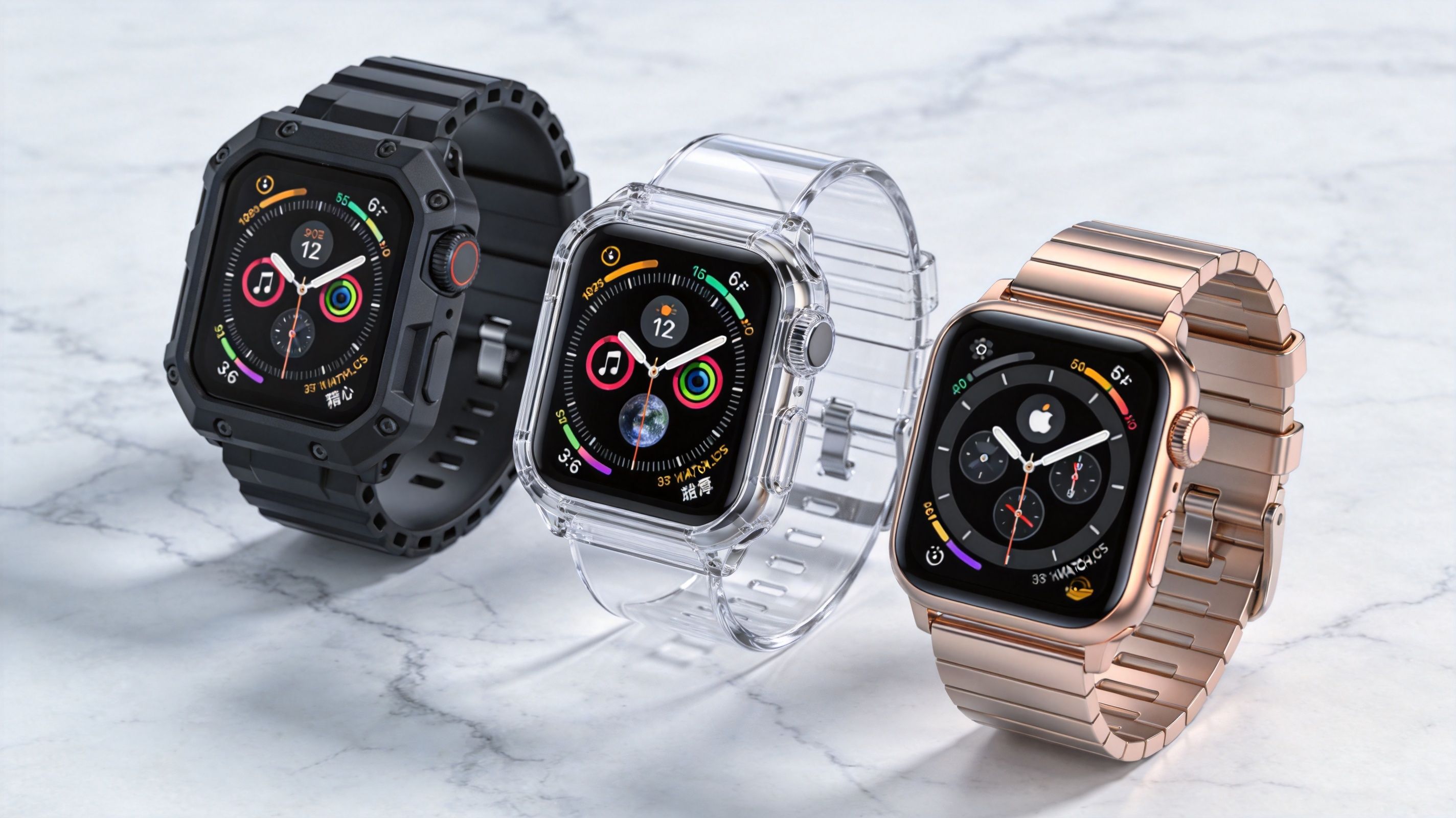 Τρία έξυπνα ρολόγια Apple Watch με διαφορετικές προστατευτικές θήκες και λουράκια πάνω σε μαρμάρινη επιφάνεια.