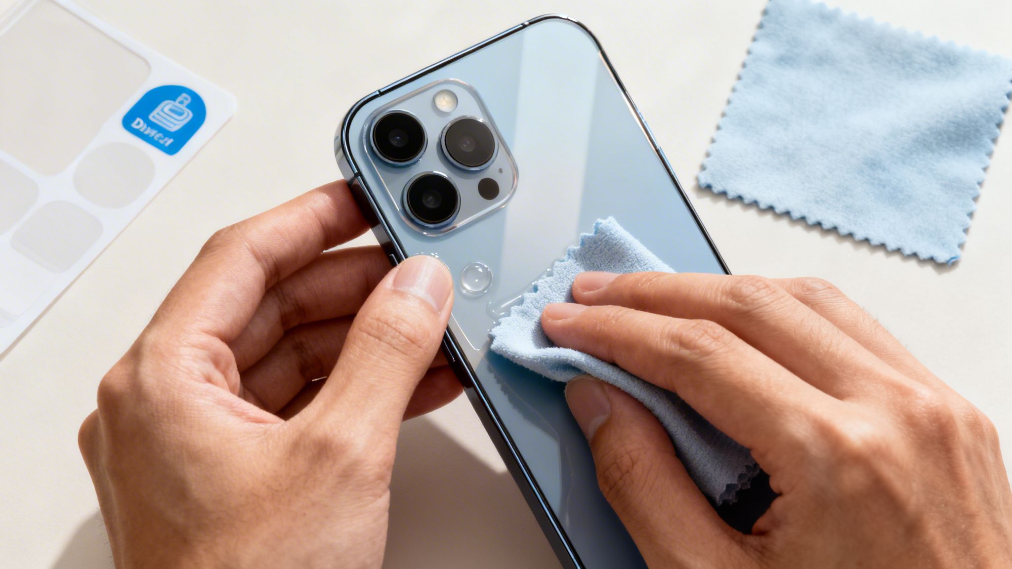Χέρια καθαρίζουν ένα γαλάζιο iPhone με ένα πανί μικροϊνών και σταγόνες νερού.