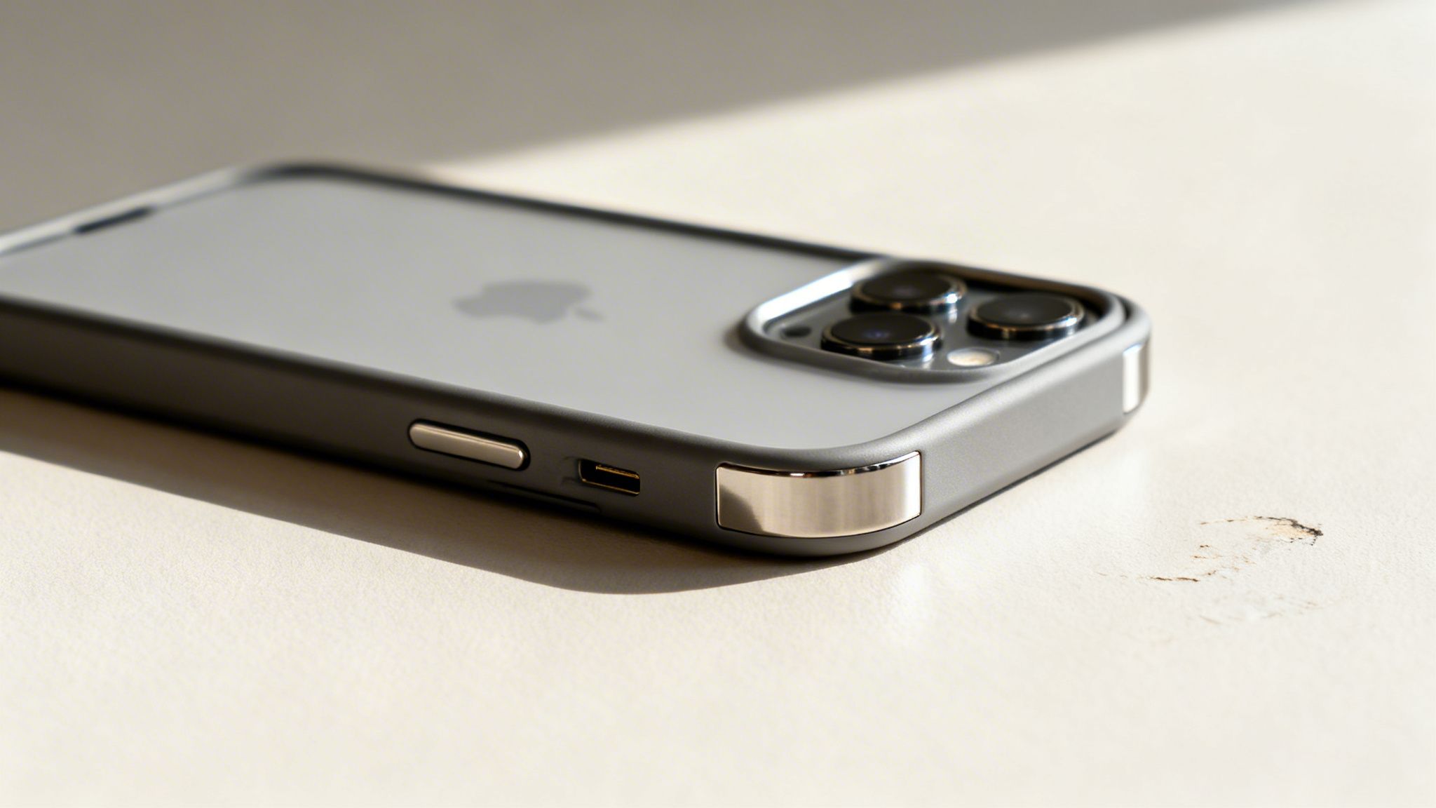 Φωτογραφία ενός iPhone 15 Pro Max με γκρι θήκη, ακουμπισμένο σε ανοιχτόχρωμη επιφασειακή, με ορατή την κάμερα και την υποδοχή φόρτισης.