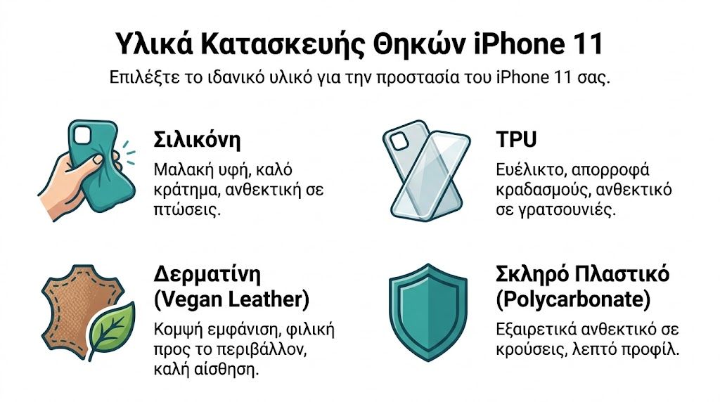 Επιλογές υλικών για θήκες iPhone 11, όπως σιλικόνη, TPU, δερματίνη και σκληρό πλαστικό για προστασία.