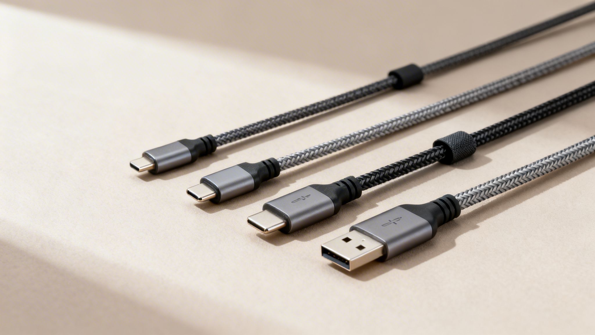 Διαφορετικά καλώδια φόρτισης USB με πλεκτή επένδυση, σε γκρι και μαύρες αποχρώσεις, για διάφορες συσκευές.