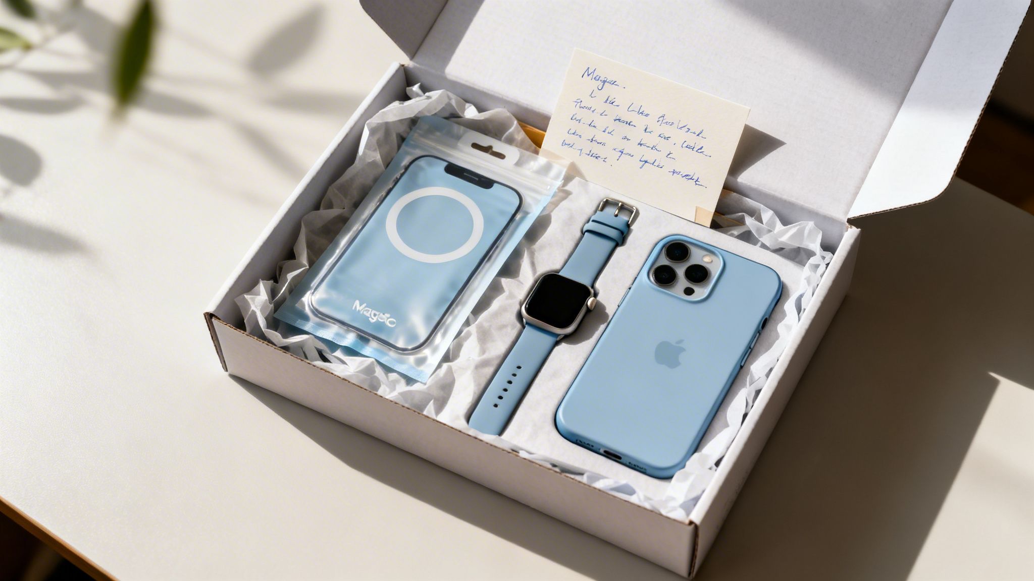 Ανοιχτό κουτί δώρου με ένα γαλάζιο iPhone, ένα Apple Watch και μια θήκη MagSafe, μαζί με μια χειρόγραφη σημείωση.
