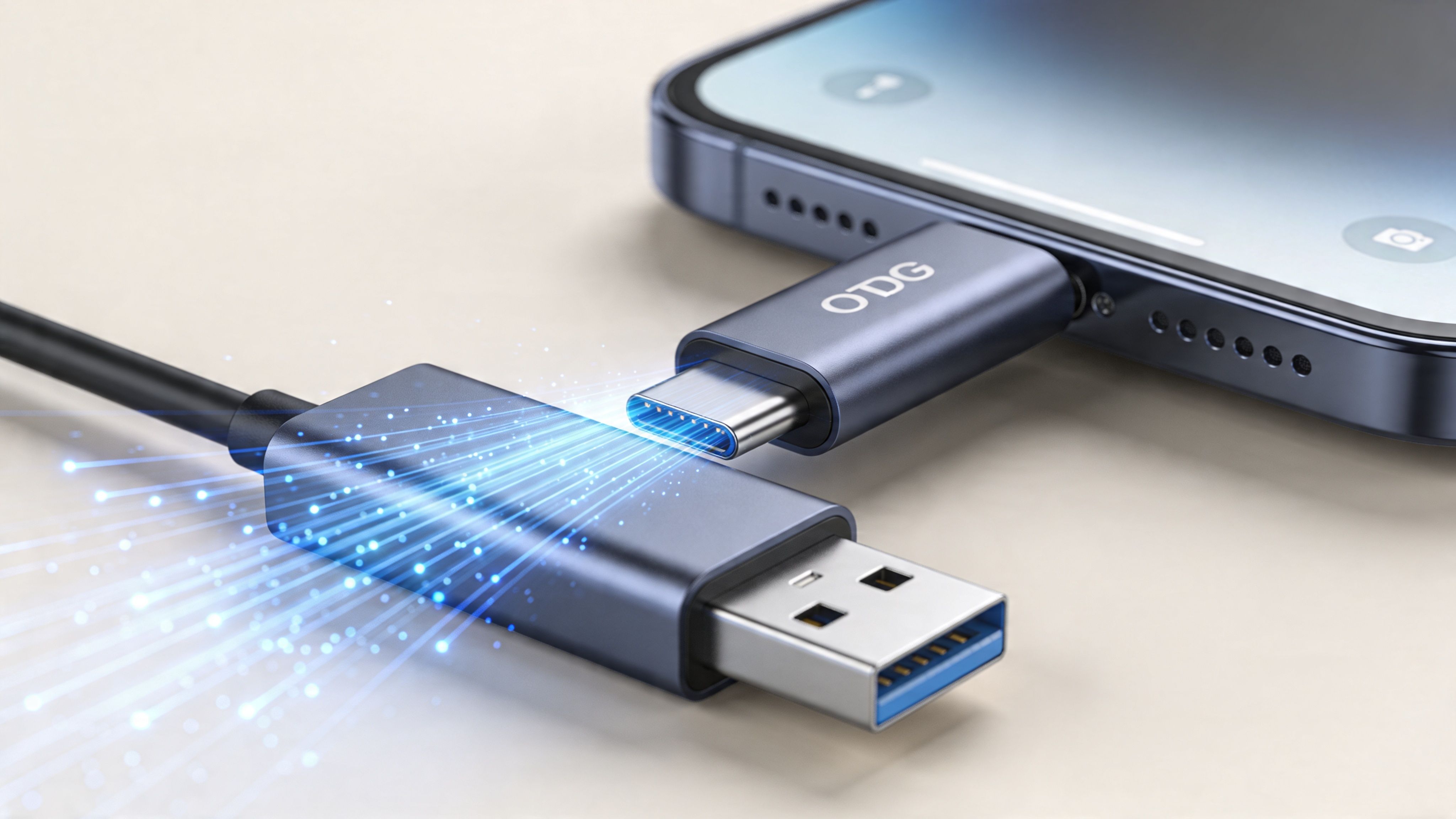 Καλώδιο μεταφοράς δεδομένων USB-A σε USB-C που συνδέεται σε ένα σύγχρονο smartphone με εφέ φωτεινών ακτίνων