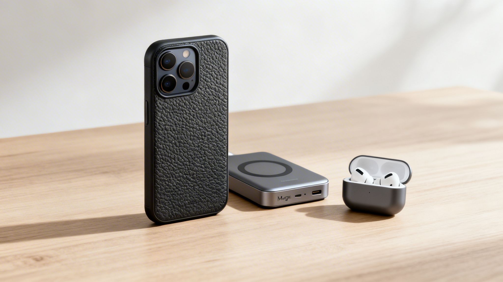 Ένα iPhone σε μαύρη δερμάτινη θήκη, ένα γκρι power bank MagSafe και AirPods Pro σε θήκη, όλα σε ξύλινο τραπέζι.