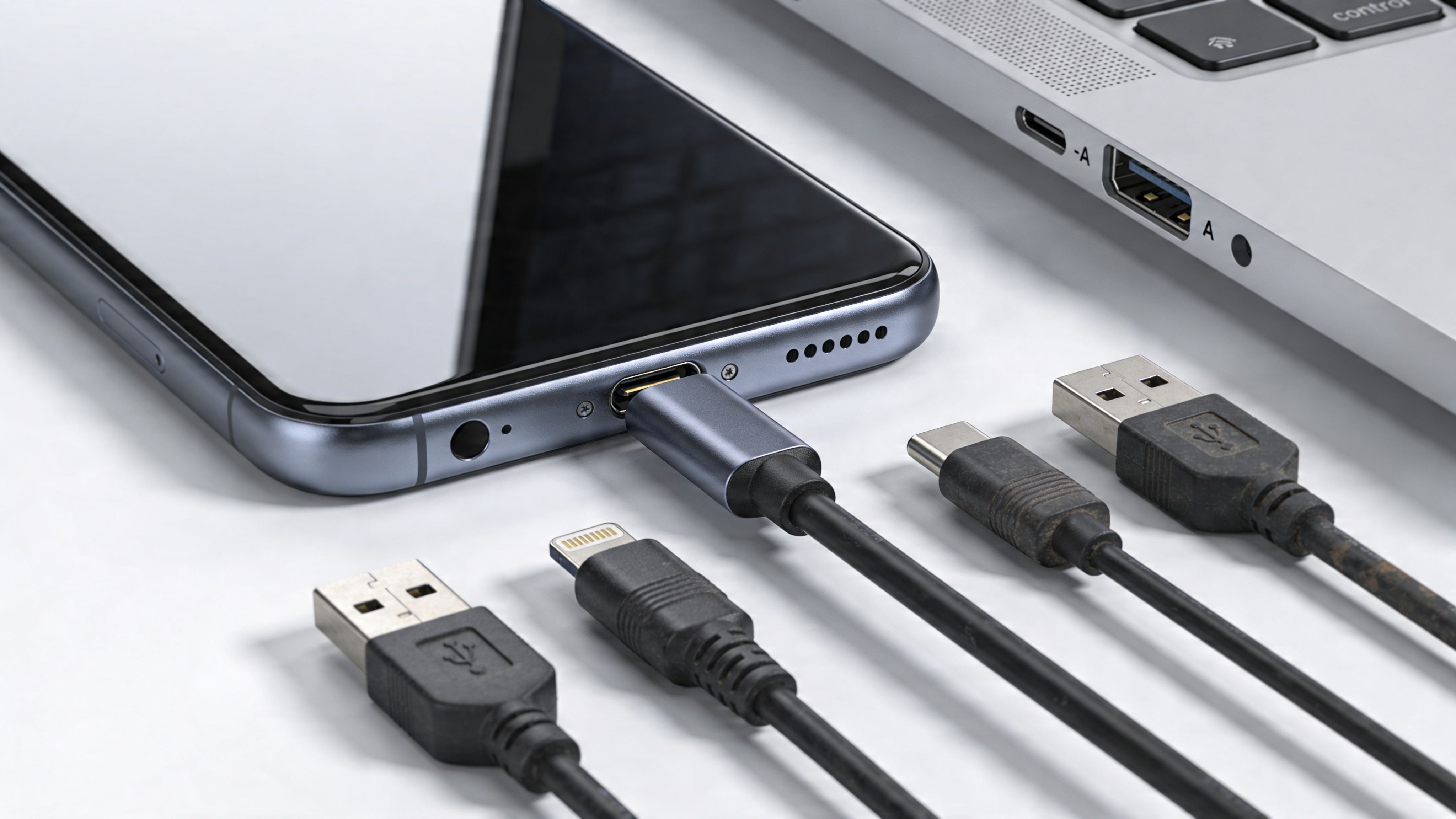 Ένα smartphone συνδεδεμένο με καλώδιο USB-C και διάφορα άλλα καλώδια φόρτισης τοποθετημένα σε λευκή επιφάνεια εργασίας.
