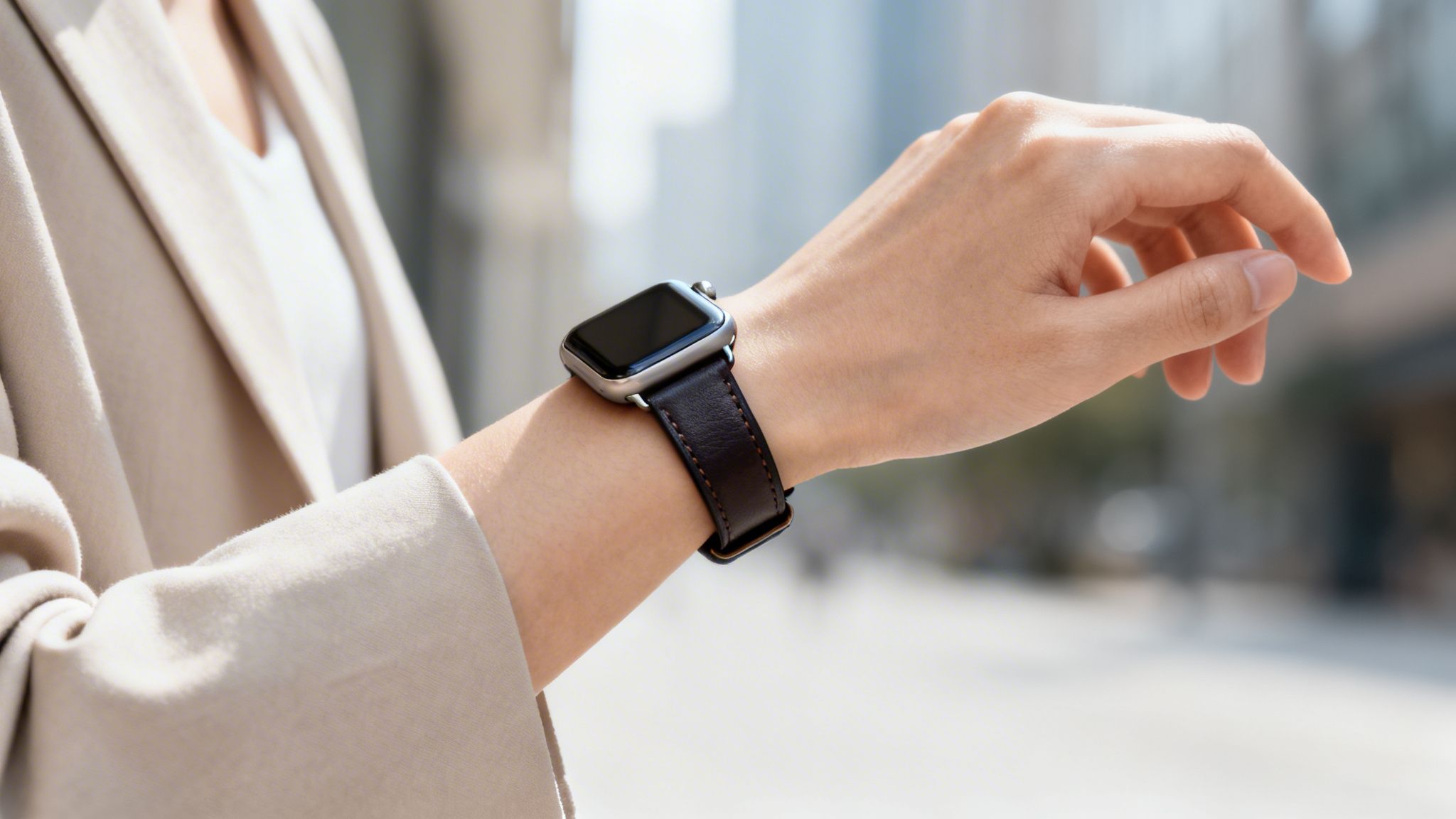 Γυναίκα φοράει ένα smartwatch με σκούρο δερμάτινο λουράκι στον καρπό της, με ένα μπεζ σακάκι.