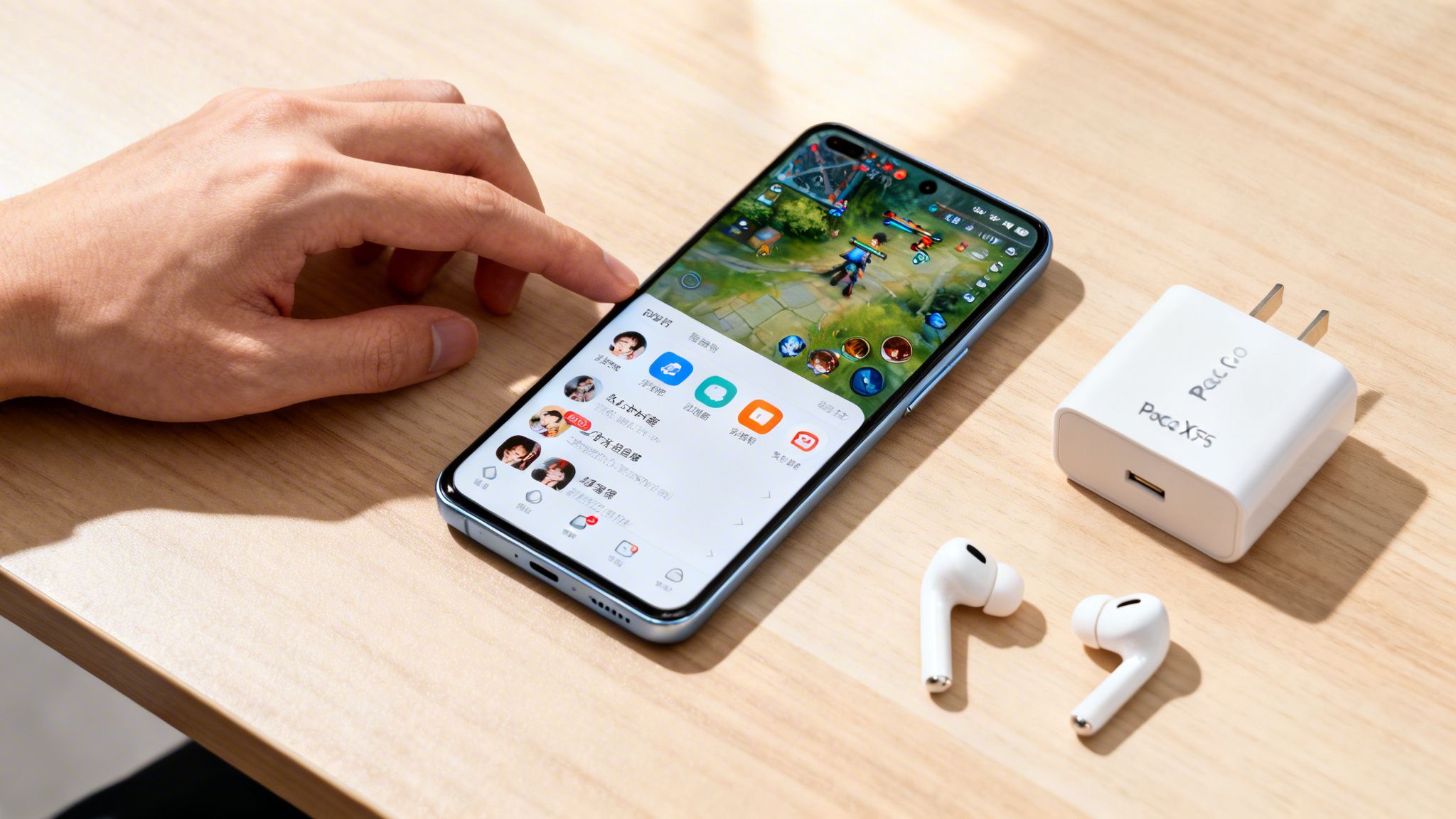 Χέρι αλληλεπιδρά με smartphone που δείχνει παιχνίδι και εφαρμογές, δίπλα σε φορτιστή Poco X5 και ακουστικά.