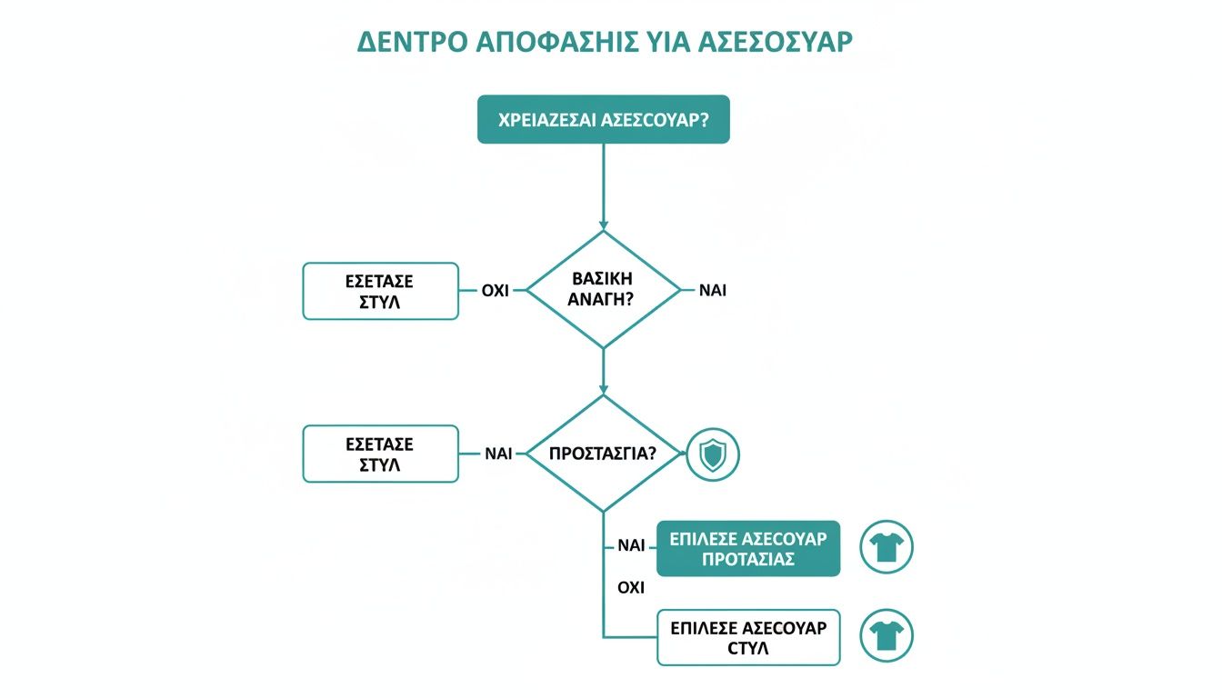 Διάγραμμα ροής απόφασης για την επιλογή αξεσουάρ, διαχωρίζοντας μεταξύ βασικής ανάγκης, προστασίας και στυλ.