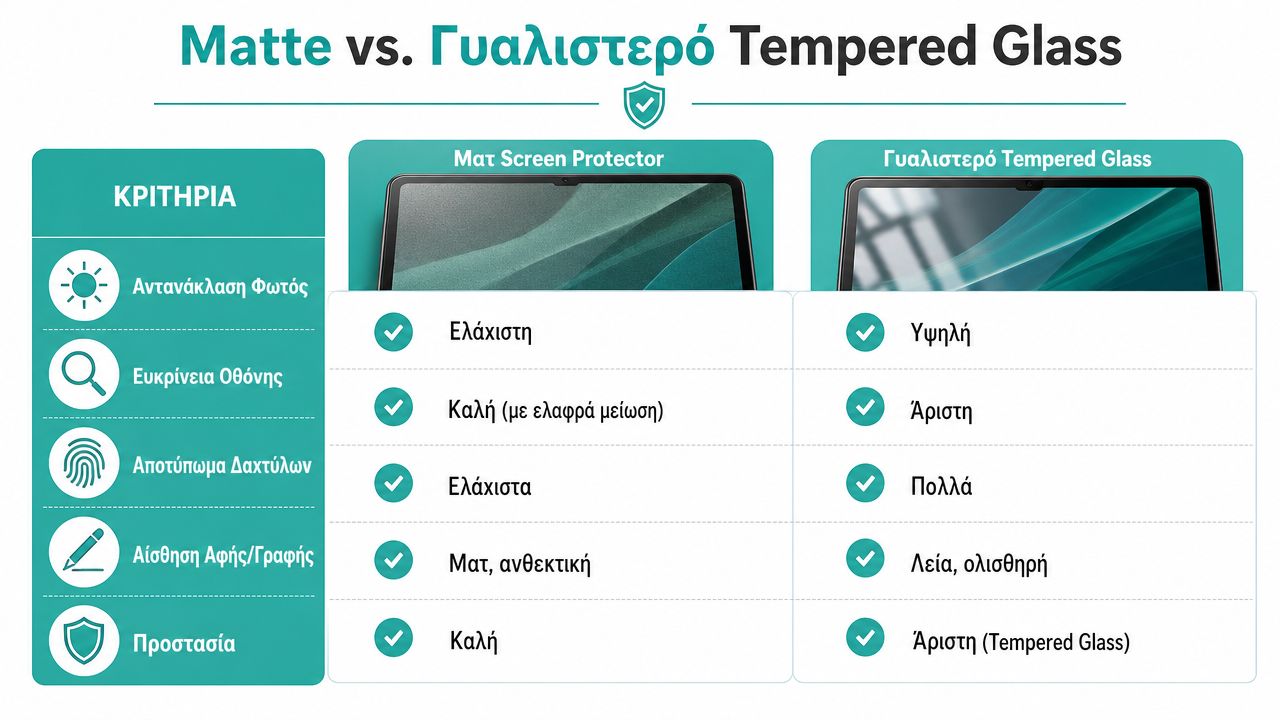 Σύγκριση χαρακτηριστικών μεταξύ ματ προστατευτικού οθόνης και γυαλιστερού tempered glass για tablet σε έναν πίνακα.
