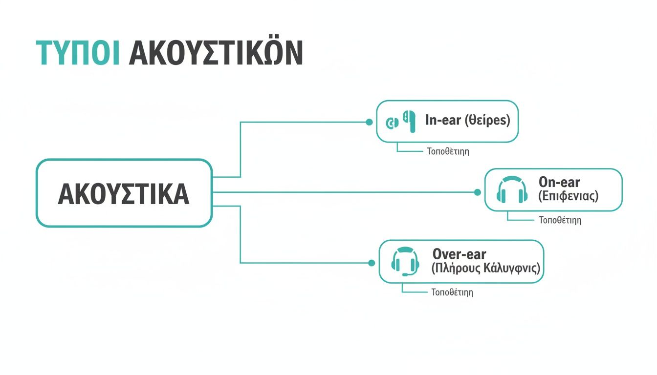 Διάγραμμα που κατηγοριοποιεί τα ακουστικά σε τύπους In-ear, On-ear και Over-ear, με βάση την τοποθέτησή τους.