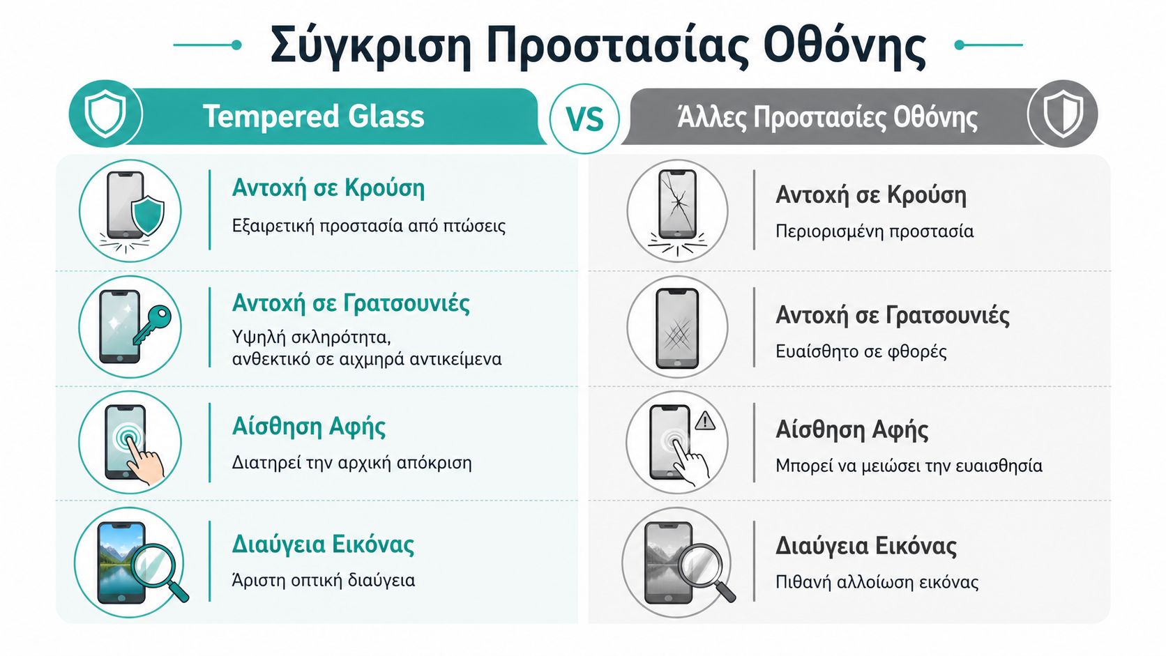 Σύγκριση μεταξύ προστατευτικών οθόνης tempered glass και άλλων τύπων προστασίας για κινητά τηλέφωνα.