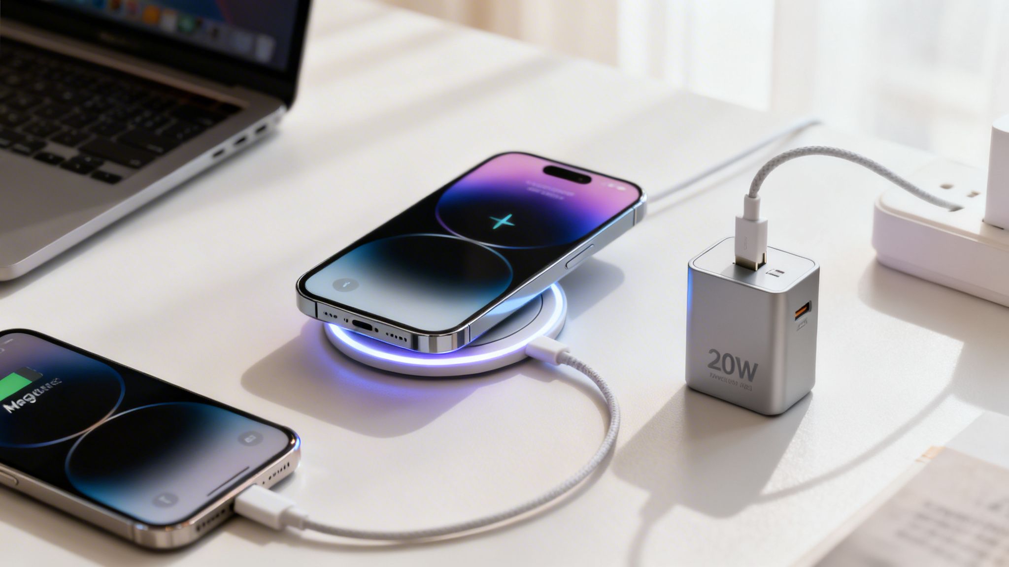 Ένας χώρος εργασίας με laptop, δύο iPhone να φορτίζουν, ένα ασύρματα και ένα ενσύρματα, και έναν φορτιστή 20W.