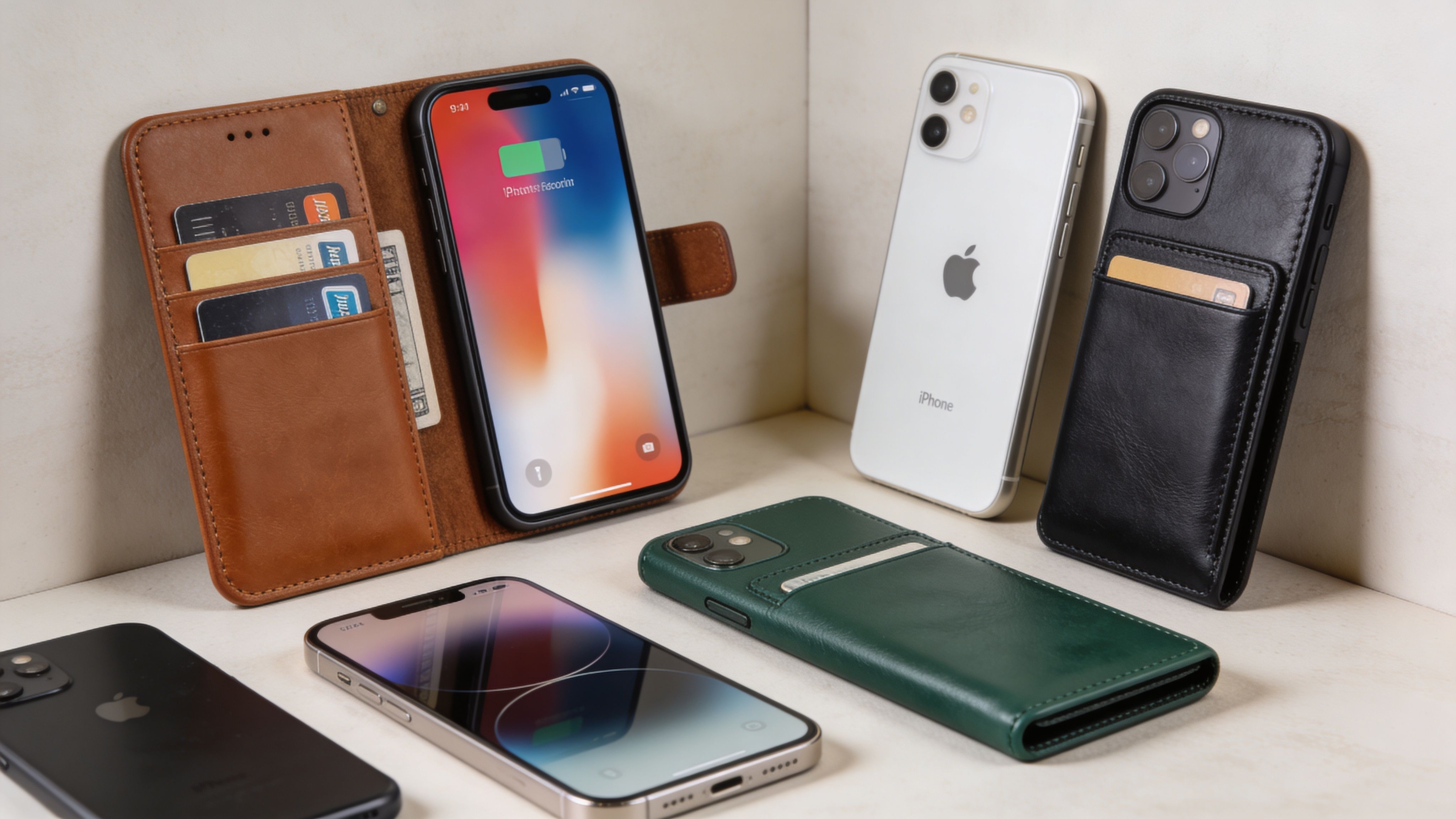 Μια συλλογή από διάφορες θήκες κινητού τύπου πορτοφόλι από δέρμα σε διαφορετικά χρώματα για μοντέλα iPhone.