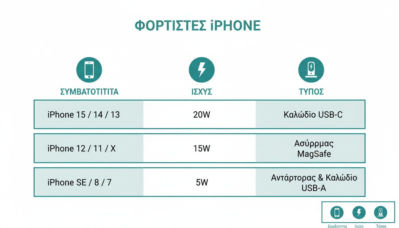 Οδηγός συμβατότητας φορτιστών iPhone, με λεπτομέρειες για ισχύ και τύπο φόρτισης ανά μοντέλο.