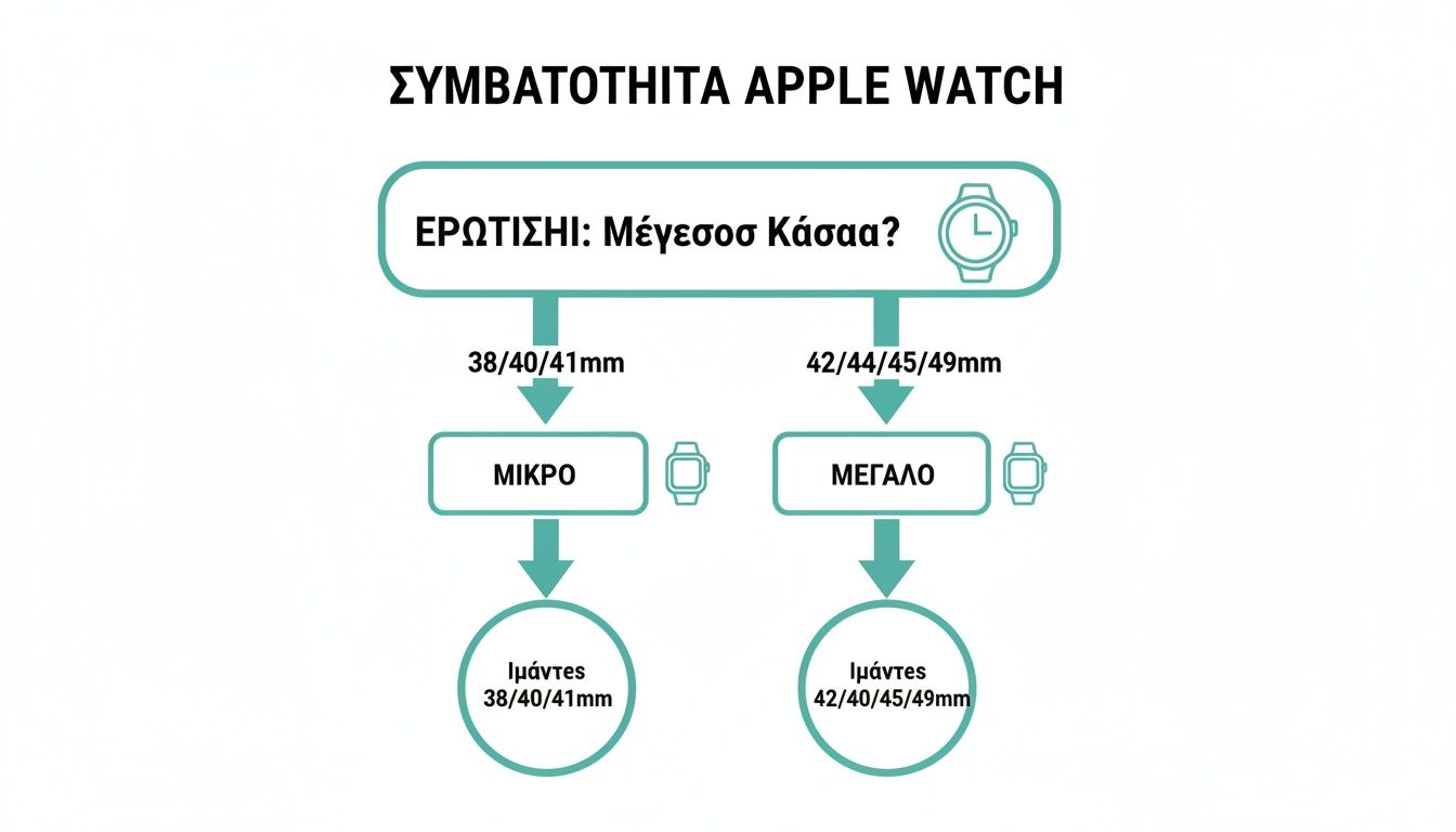 Διάγραμμα συμβατότητας ιμάντων Apple Watch με βάση το μέγεθος κάσας (μικρό ή μεγάλο).