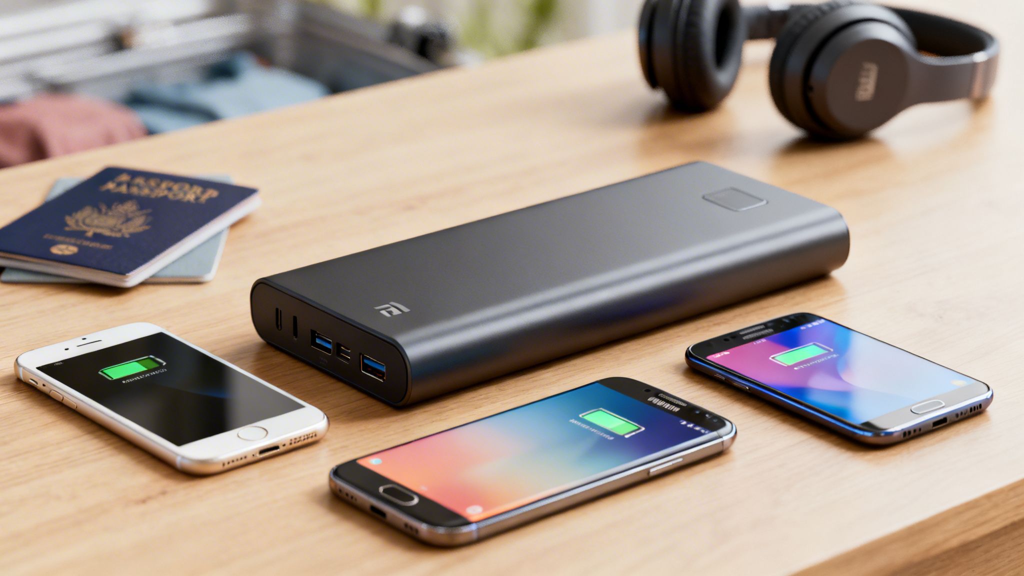 Μεγάλο μαύρο power bank φορτίζει τρία smartphones σε ξύλινο τραπέζι, με διαβατήριο και ακουστικά.