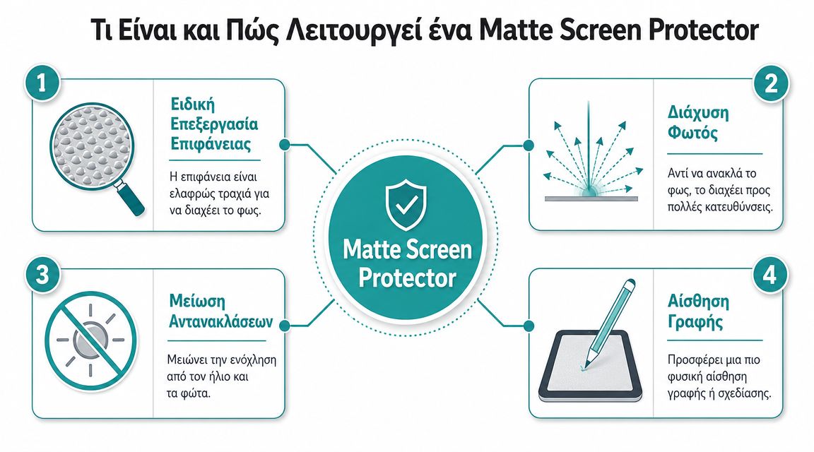 Ένα επεξηγηματικό γράφημα που δείχνει τα πλεονεκτήματα και τον τρόπο λειτουργίας ενός matte προστατευτικού οθόνης για ψηφιακές συσκευές.