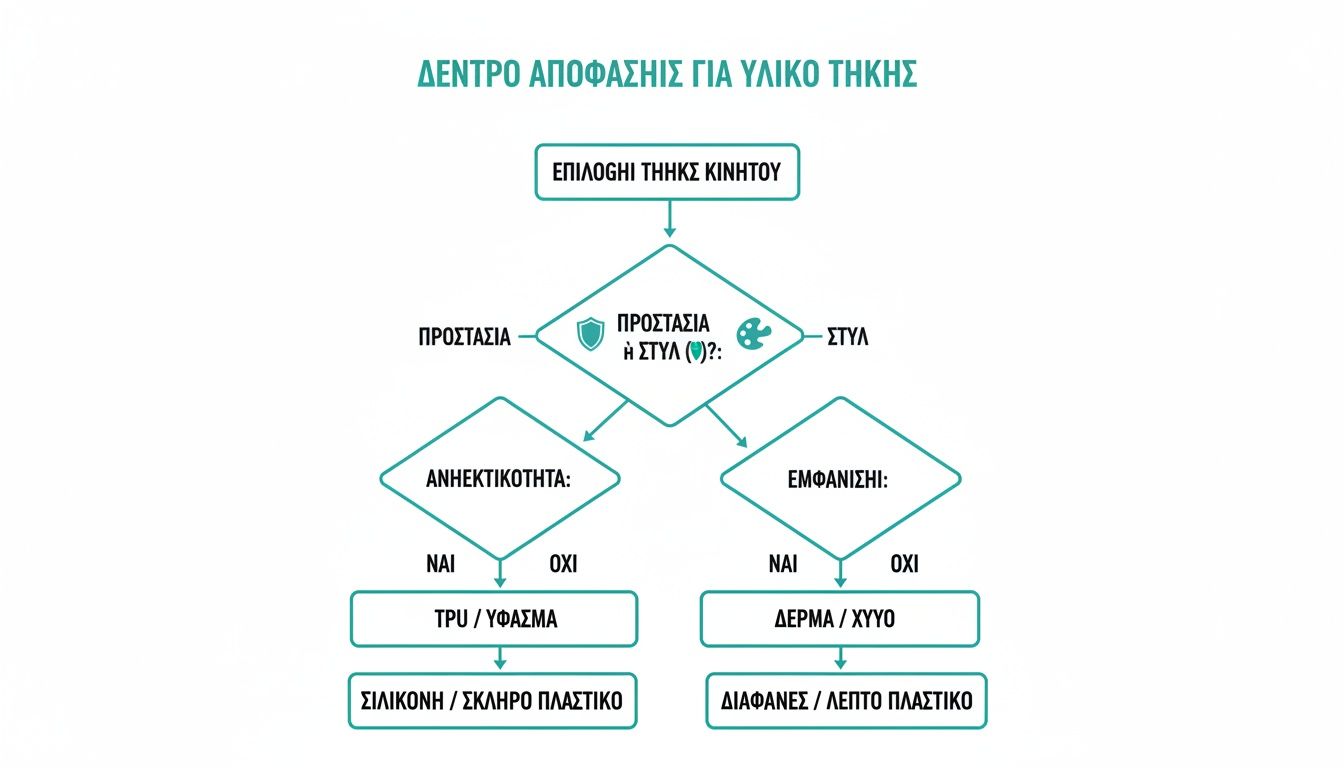 Διάγραμμα ροής για την επιλογή υλικού θήκης κινητού, ανάλογα με προστασία ή στυλ.