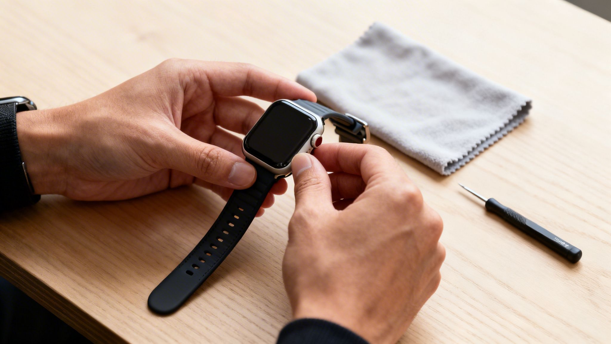 Χέρια κρατούν ένα Apple Watch με μαύρο λουράκι, ενώ ένα κατσαβίδι και πανί καθαρισμού βρίσκονται στο ξύλινο τραπέζι.