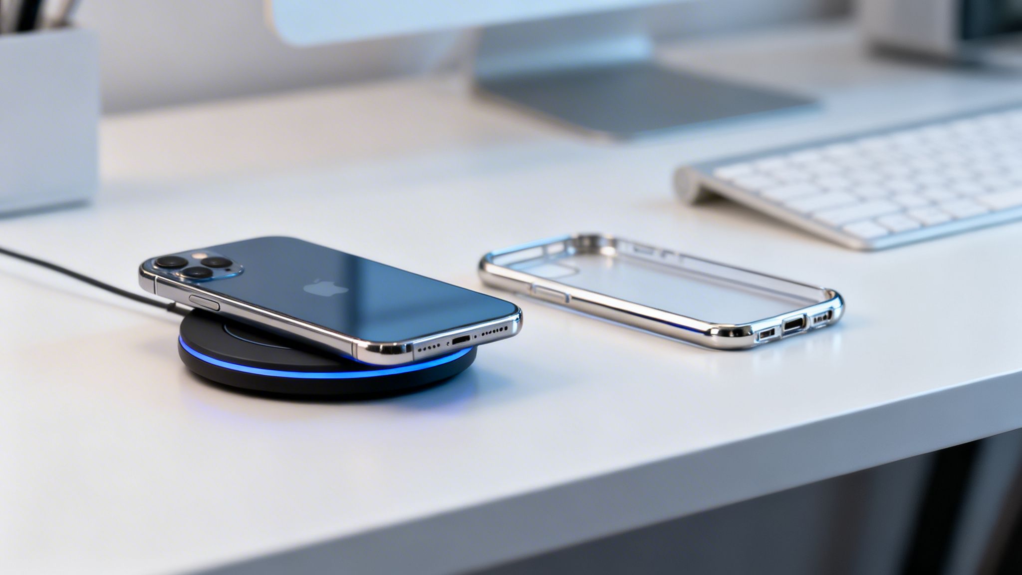 Ένα iPhone 12 φορτίζει ασύρματα σε μια βάση δίπλα σε μια διαφανή θήκη τηλεφώνου σε ένα γραφείο με υπολογιστή.