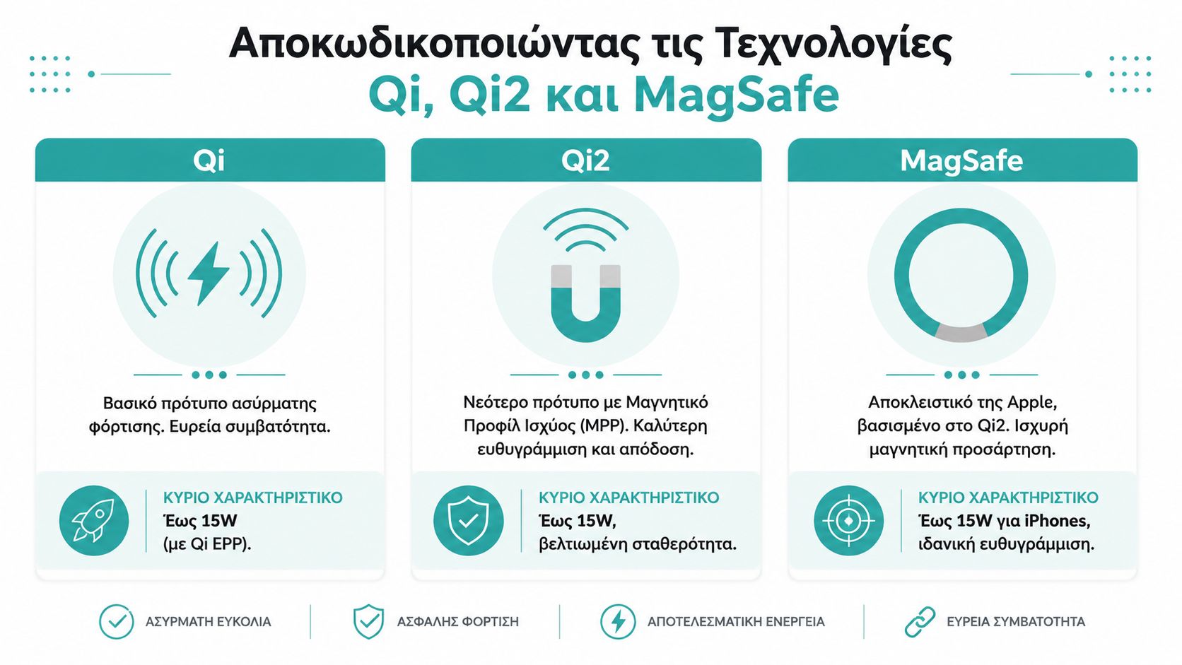 Γραφικό που συγκρίνει τις τεχνολογίες ασύρματης φόρτισης Qi, Qi2 και MagSafe για κινητά τηλέφωνα με τις βασικές διαφορές τους.