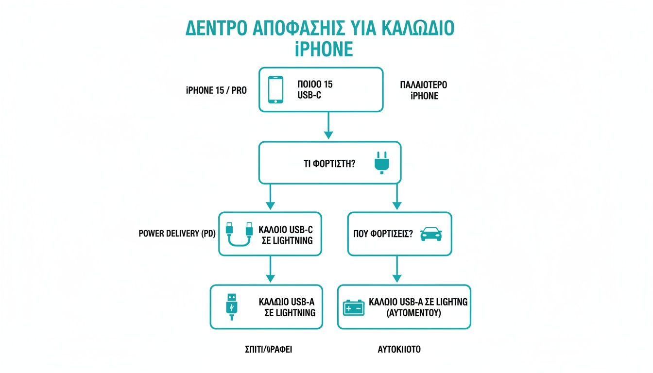 Δέντρο απόφασης για την επιλογή του κατάλληλου καλωδίου φόρτισης Lightning για iPhone.