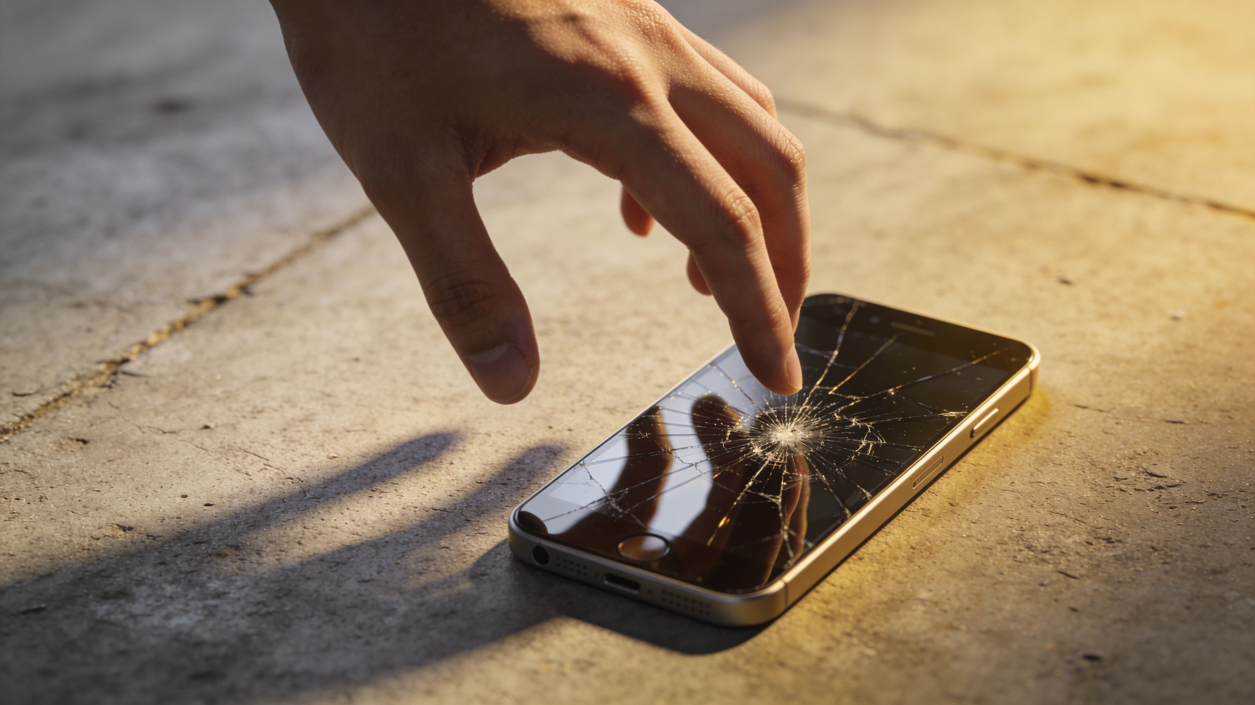 Ένα χέρι αγγίζει την οθόνη ενός σπασμένου smartphone πάνω σε τσιμεντένια επιφάνεια με έντονο φωτισμό.