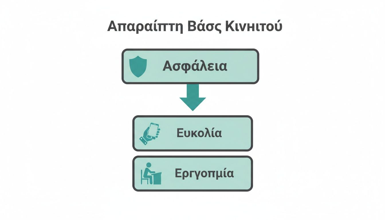 Διάγραμμα που απεικονίζει την ασφάλεια, την ευκολία και την εργονομία ως βασικά στοιχεία μιας απαραίτητης βάσης κινητού.