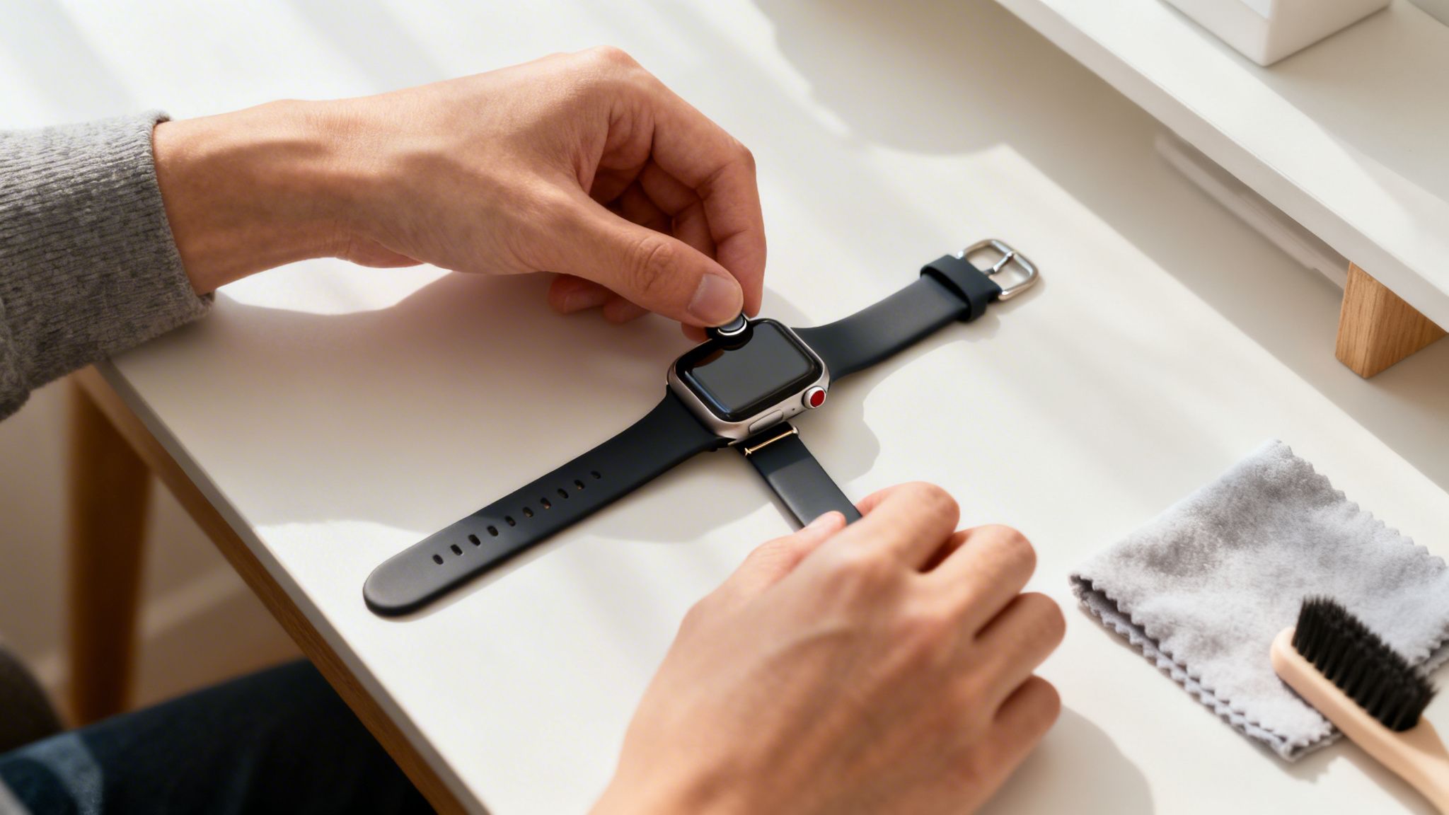 Άνθρωπος καθαρίζει ένα Apple Watch με μαύρο λουράκι πάνω σε ένα λευκό γραφείο, με εργαλεία καθαρισμού.