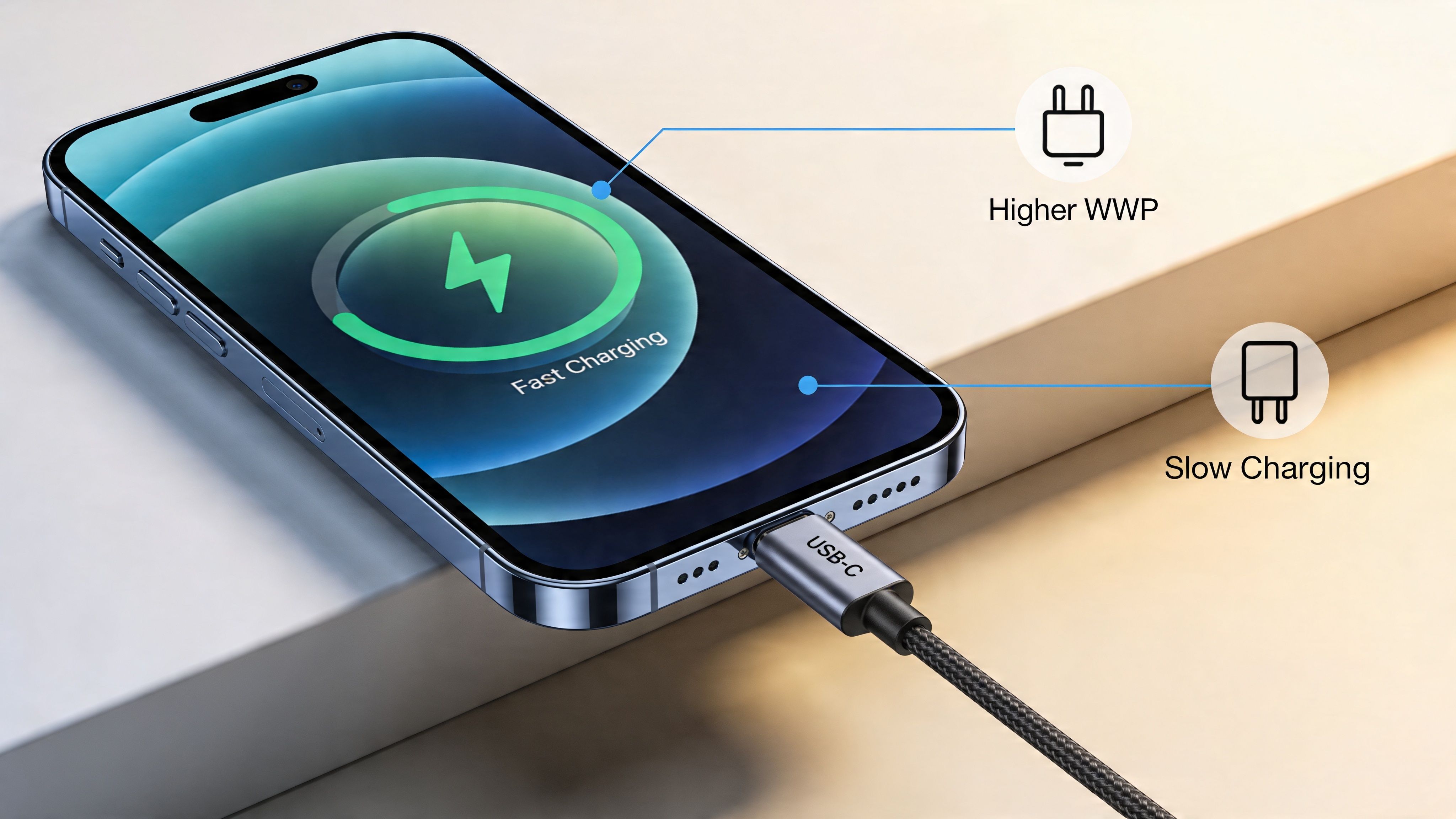 Ένα smartphone που φορτίζει με καλώδιο USB-C, δείχνοντας τη διαφορά μεταξύ ταχείας και αργής φόρτισης στην οθόνη του.