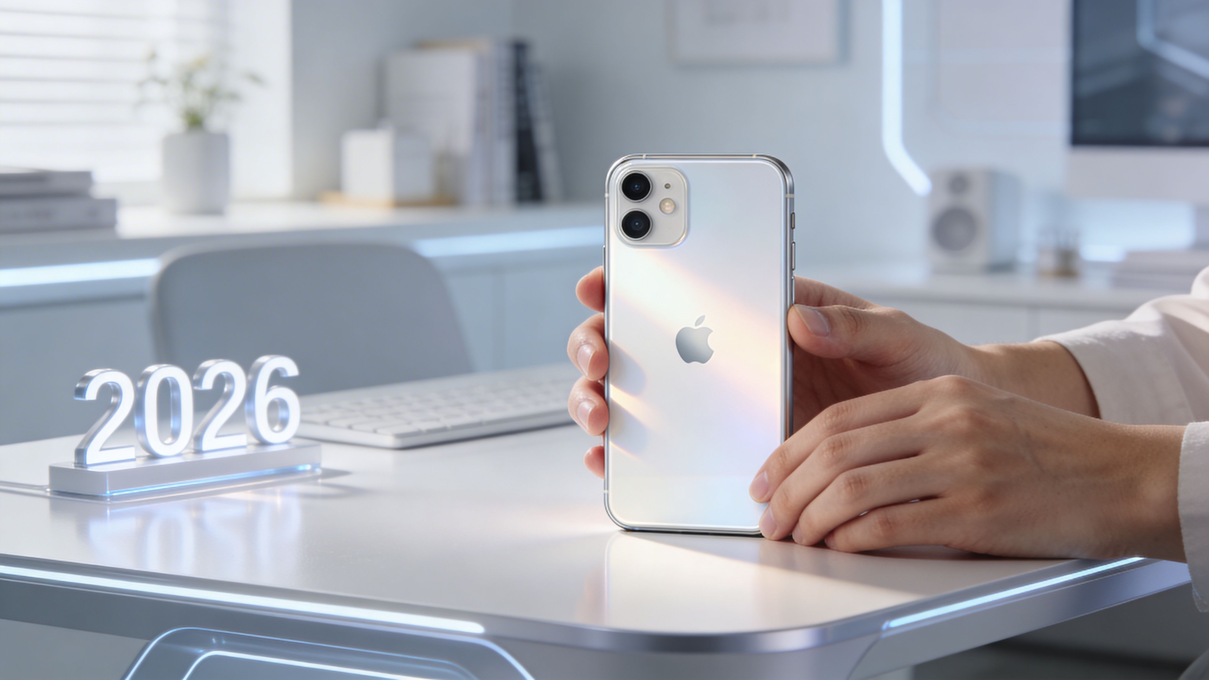 Άνθρωπος κρατάει ένα smartphone Apple iPhone 11 με διάφανη θήκη σε ένα φωτεινό γραφείο με διακόσμηση 2026.