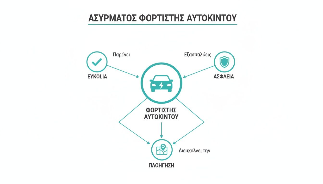 Διάγραμμα που απεικονίζει τα οφέλη ενός ασύρματου φορτιστή αυτοκινήτου: ευκολία, ασφάλεια και υποστήριξη πλοήγησης.