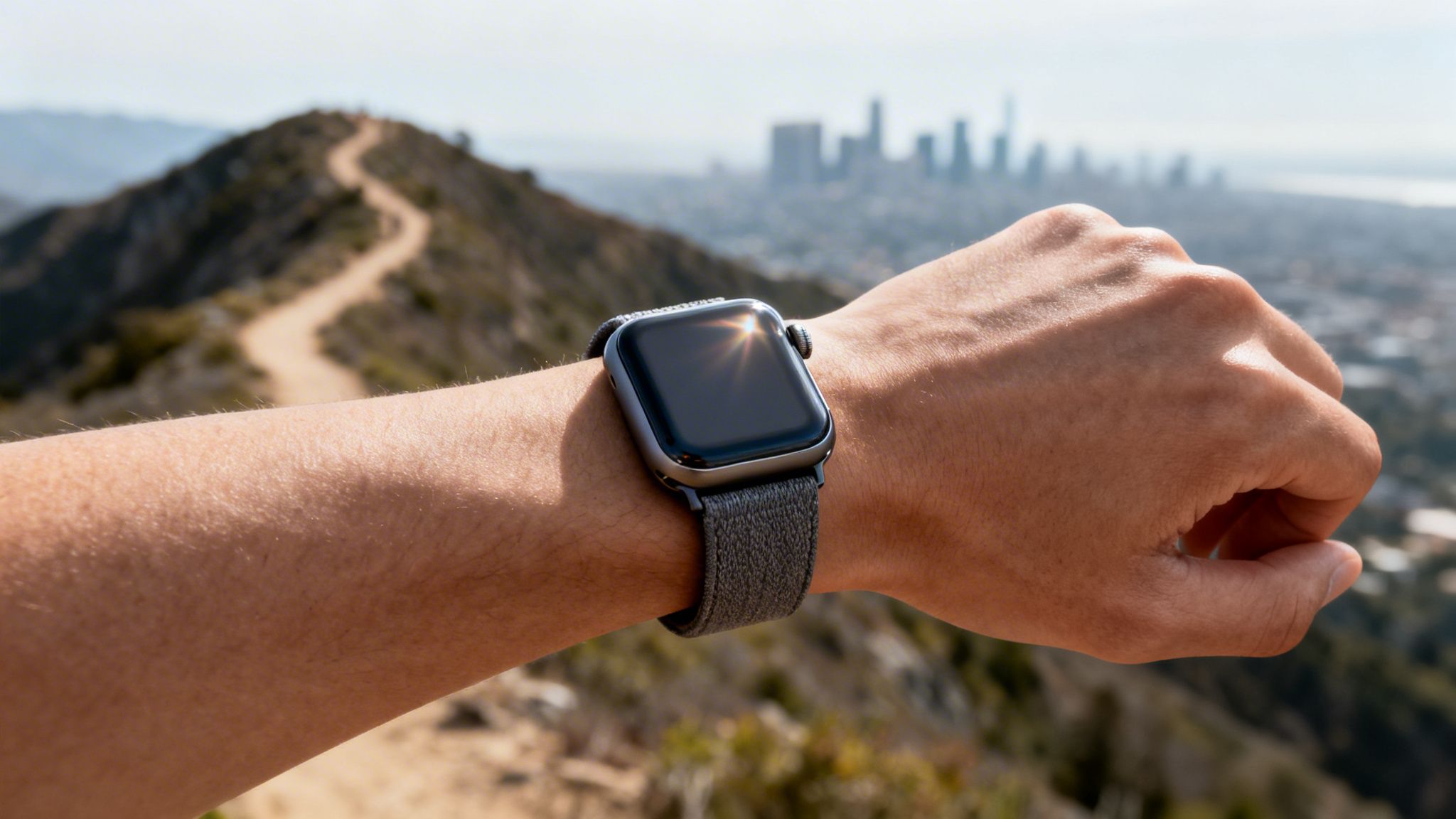 Χέρι με Apple Watch με γκρι λουράκι σε βουνό, με θέα στην πόλη και μονοπάτι.