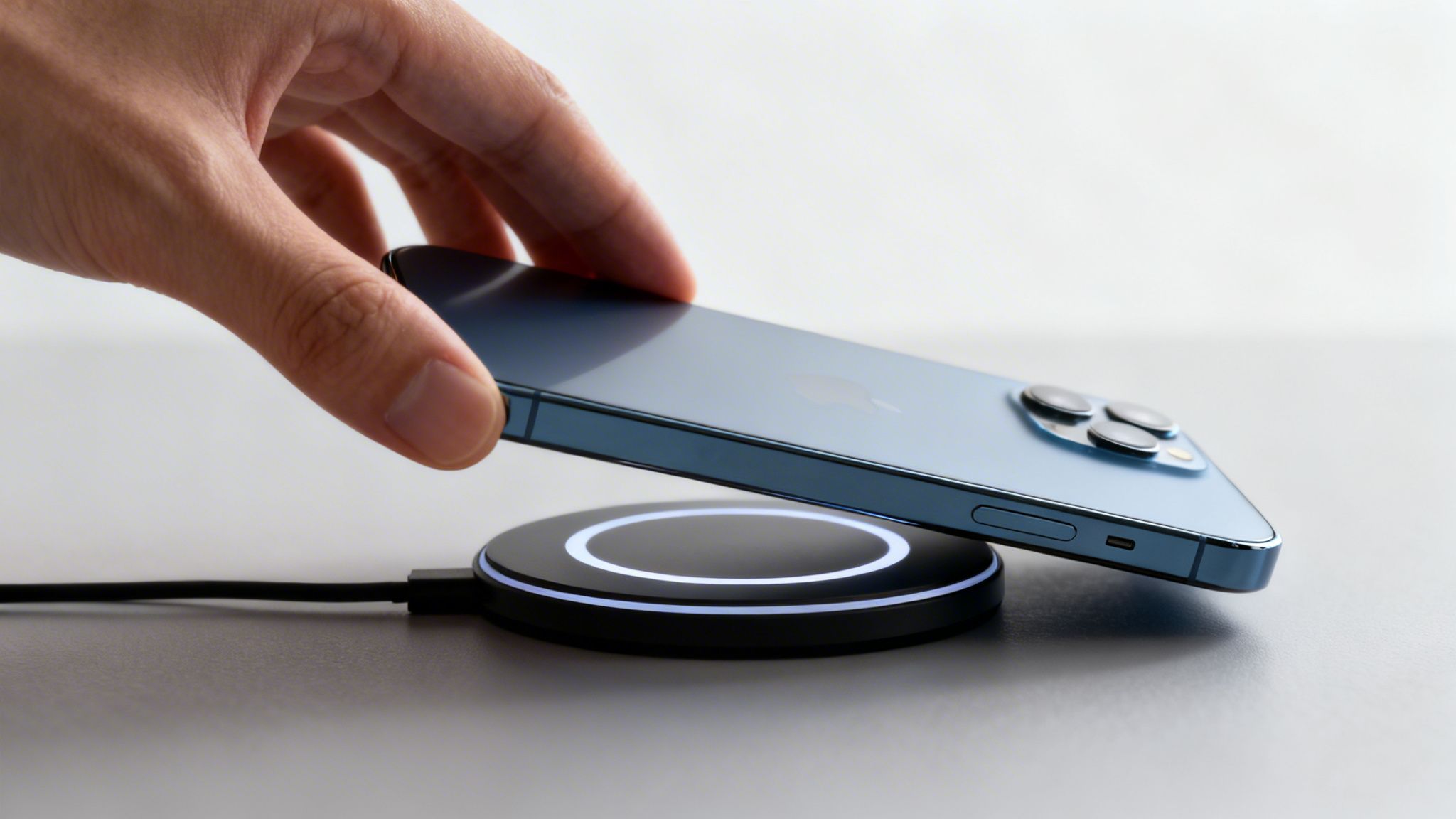 Χέρι τοποθετεί μπλε iPhone σε μαύρο ασύρματο φορτιστή με φωτεινό δακτύλιο για φόρτιση.