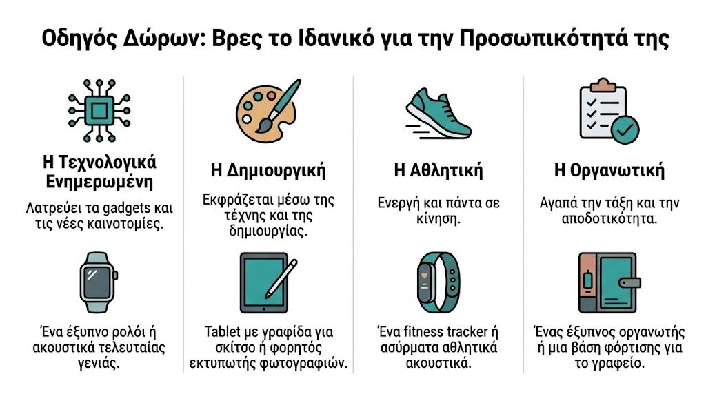 Οδηγός δώρων που προτείνει ιδέες ανάλογα με την προσωπικότητα κάθε γυναίκας, από την τεχνολογία μέχρι την οργάνωση.