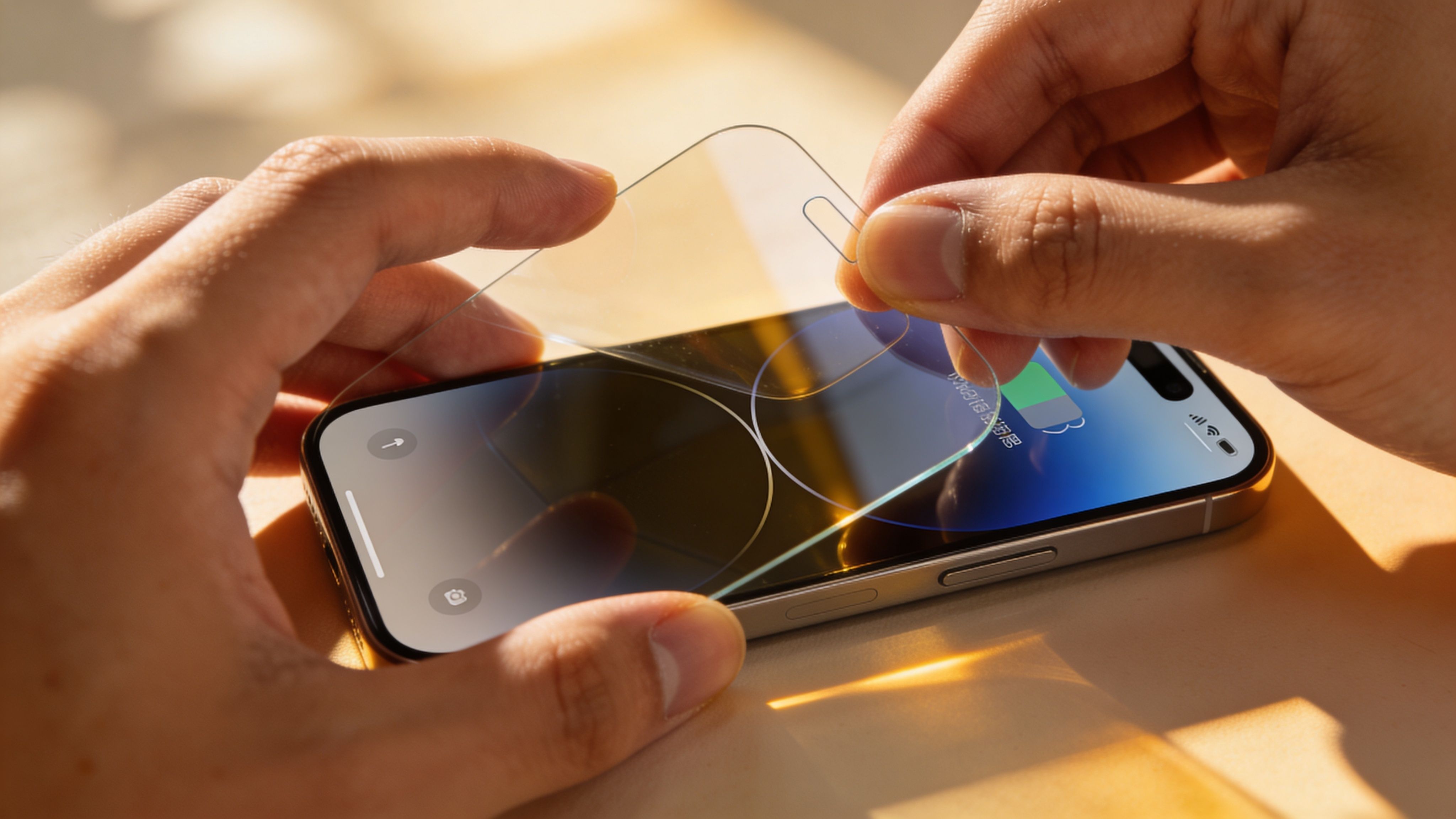 Χέρια τοποθετούν ένα προστατευτικό τζάμι tempered glass στην οθόνη ενός smartphone για την προστασία από γρατζουνιές και φθορές.
