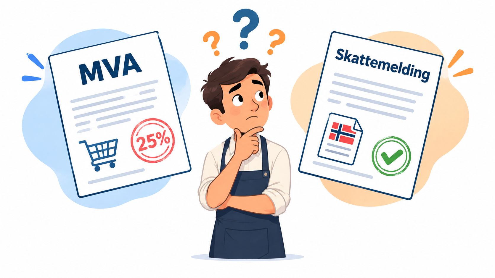 En næringsdrivende person er usikker og tenker på forskjellen mellom MVA-oppgave og skattemelding for bedrifter.