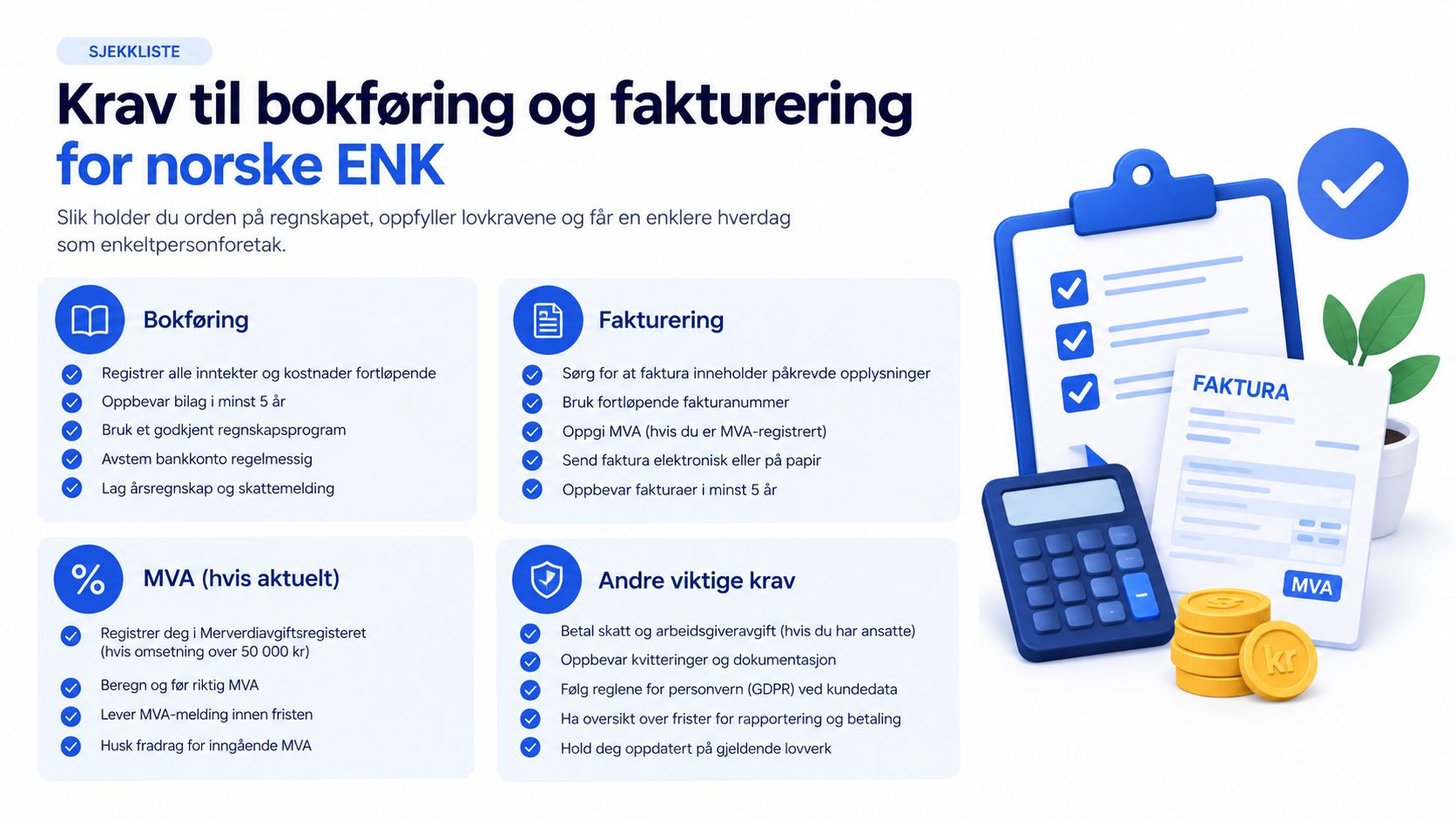 Sjekkliste for bokføring og fakturering for norske enkeltpersonforetak med grafikk av kalkulator, faktura og mynter.