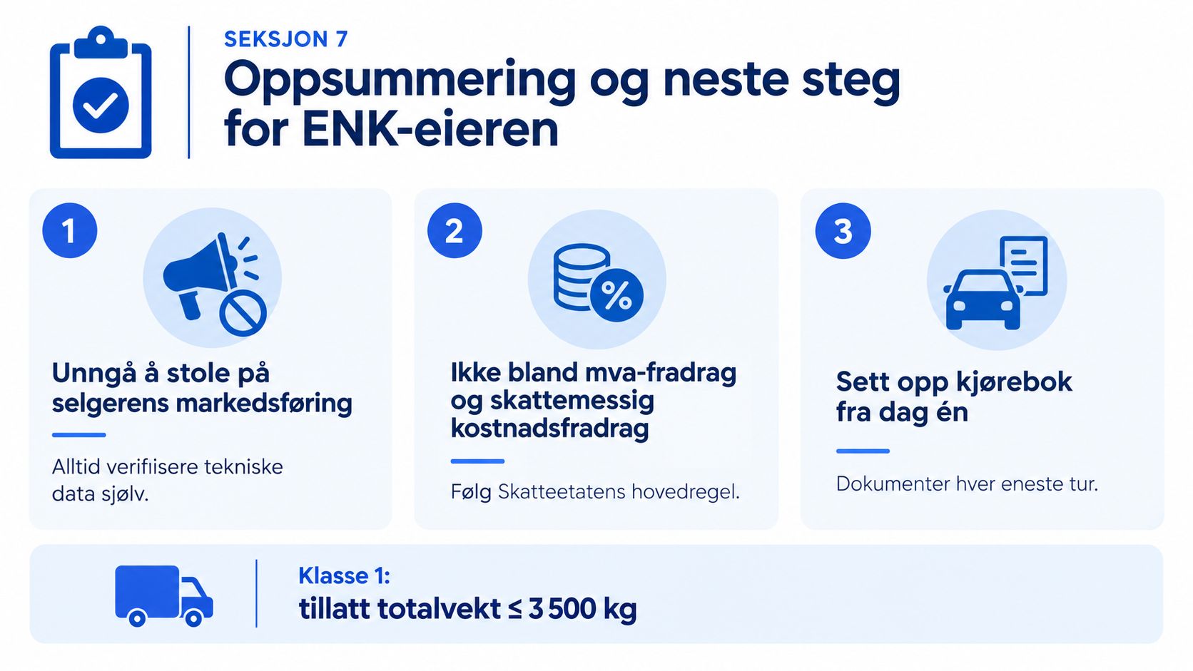 En infografikk som gir tre viktige råd til ENK-eiere angående varebil i klasse 1 og skattemessige fradrag.