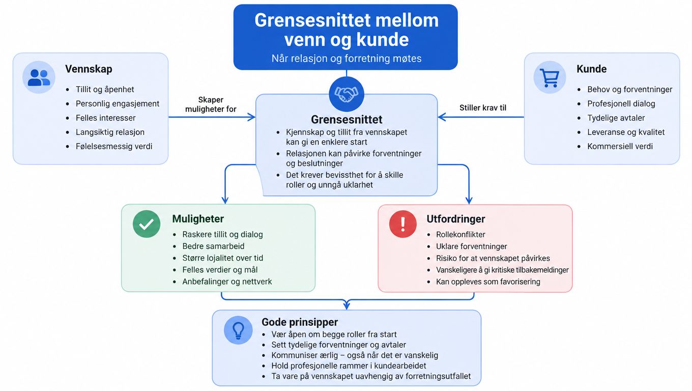 En grafisk fremstilling som viser balansegangen og forholdet mellom vennskap og forretningsmessige kundeforhold.