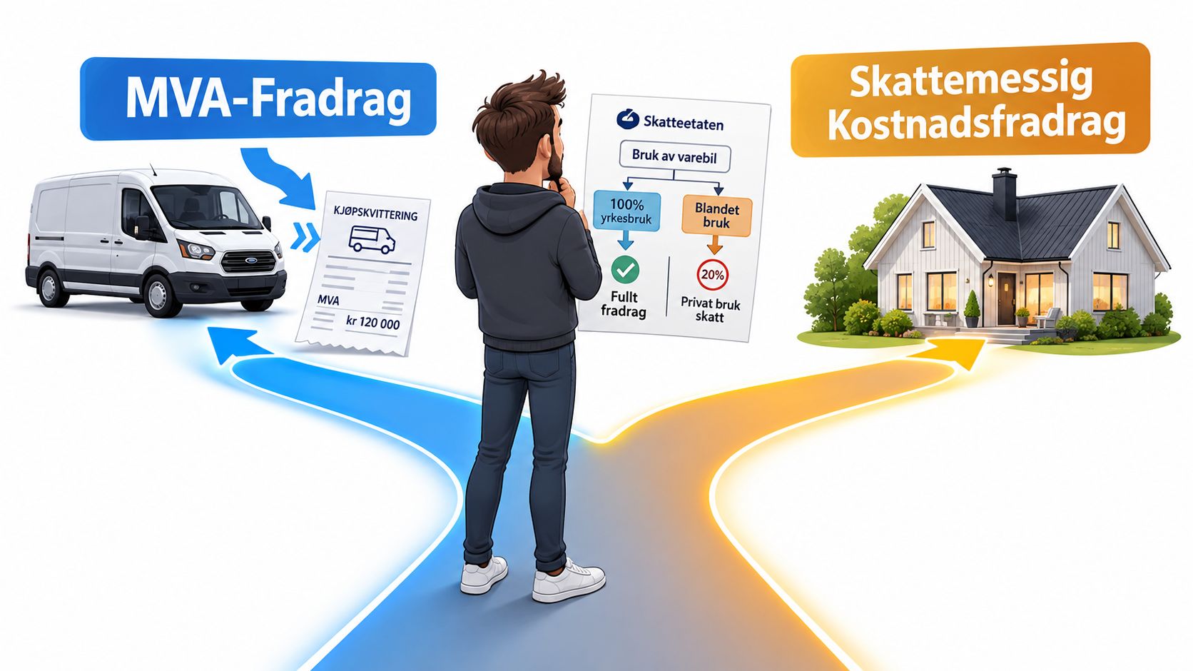 En illustrasjon som forklarer regler for MVA-fradrag på varebil og skattemessig kostnadsfradrag ved bruk av bil.