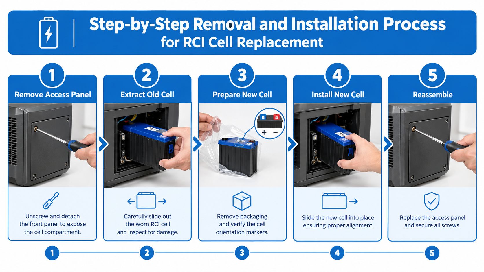 A step-by-step visual guide showing how to replace an RCI cell in a machine.