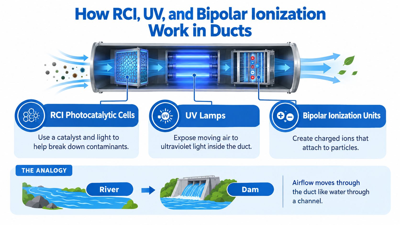 A diagram illustrating how RCI photocatalytic cells, UV lamps, and bipolar ionization units purify air inside HVAC ducts.